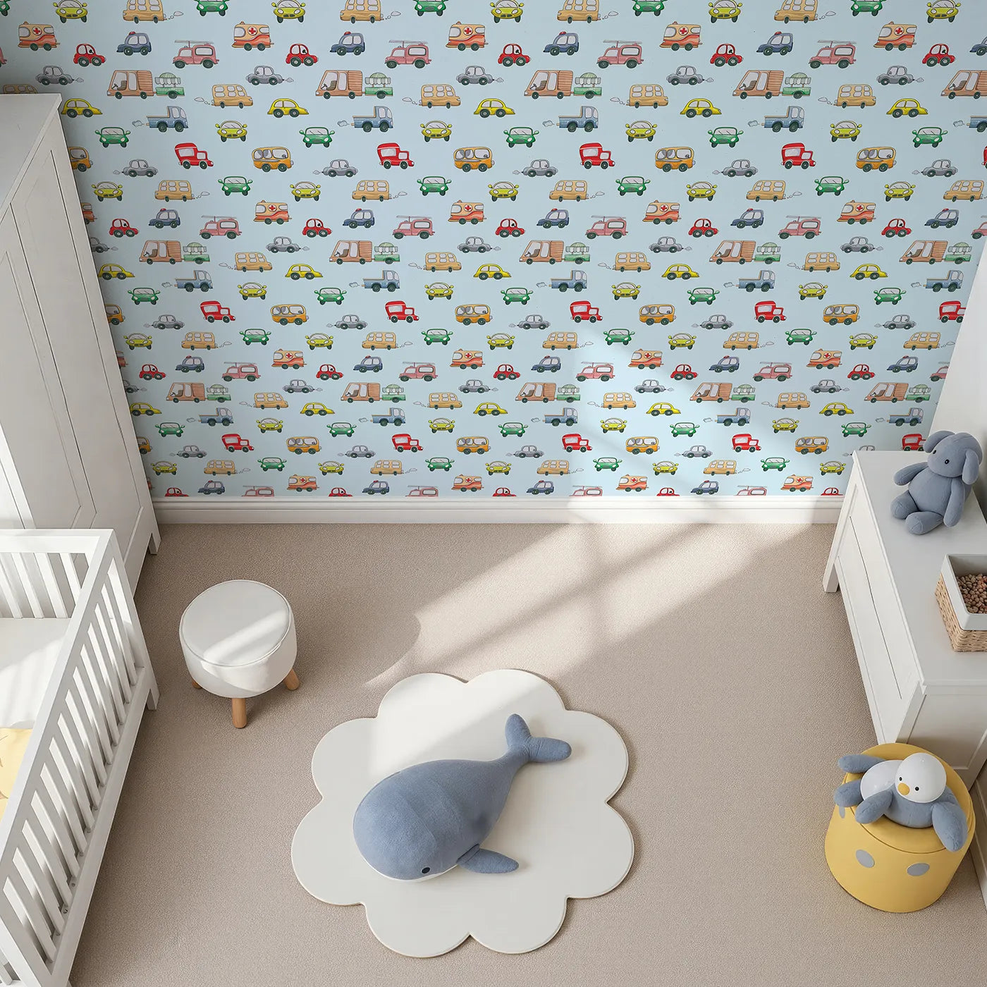 Top-Down view of Whimsy Tots' Bumper Buddies Rally Wallpaper in Sky Blue (W3225E).Colorful cars and bright-eyed buses zoom beneath a gentle blue sky.