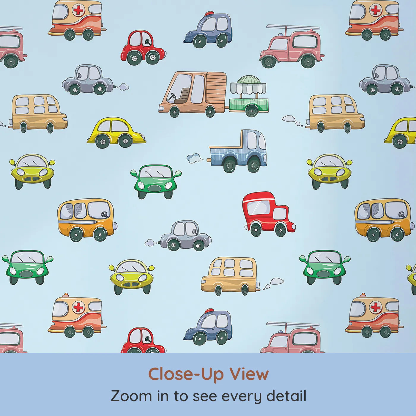 Close-up view of Whimsy Tots' Bumper Buddies Rally Wallpaper in Sky Blue (W3225E).Colorful cars and bright-eyed buses zoom beneath a gentle blue sky.
