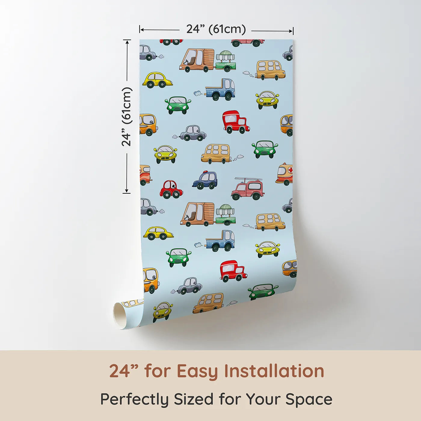 Dimension view of Whimsy Tots Bumper Buddies Rally Wallpaper in Sky Blue (W3225E). Printed in 24-inch-wide panel for easy installation. Colorful cars and bright-eyed buses zoom beneath a gentle blue sky.