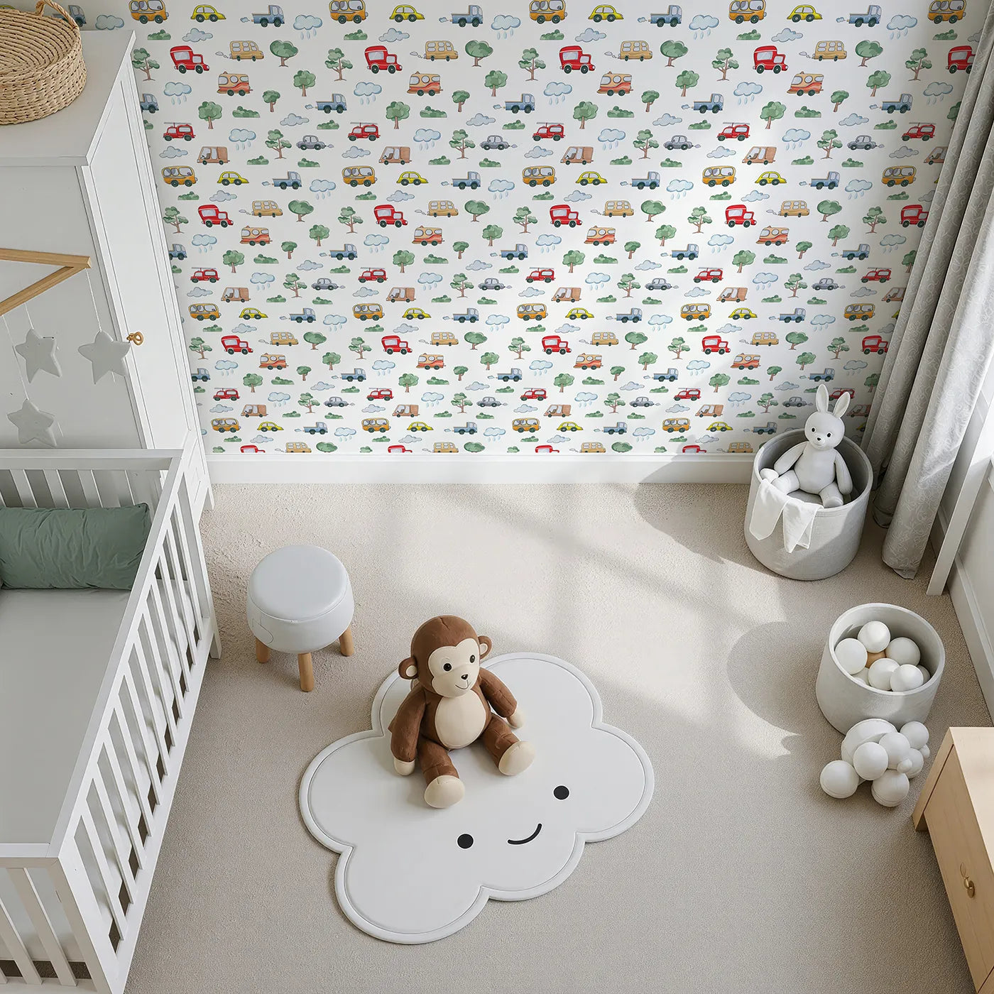 Top-Down view of Whimsy Tots' Bumper Buddies Forest Drive Wallpaper in White (W3226A).Playful cars and cozy trees roll together in a gentle outdoor journey.
