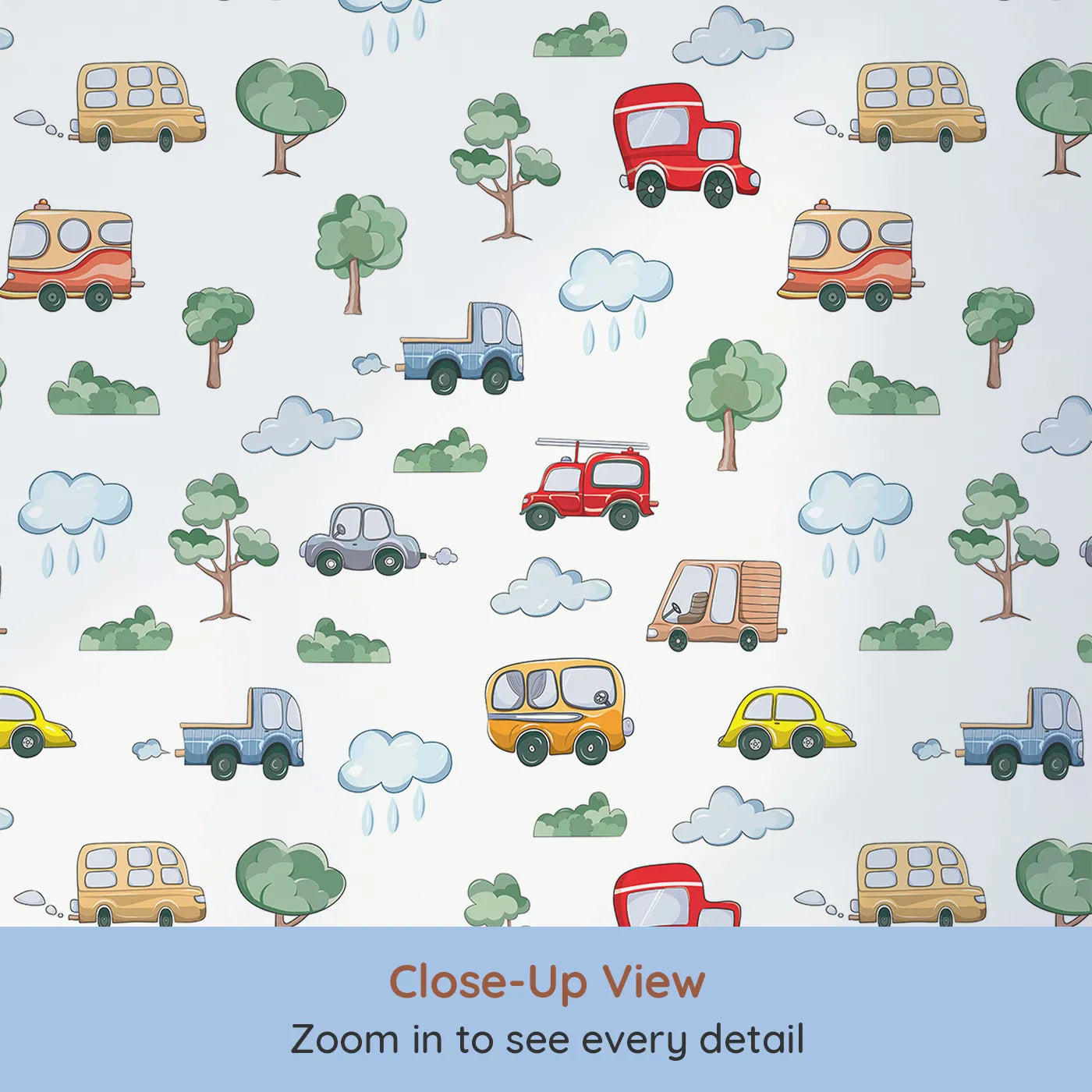 Close-up view of Whimsy Tots' Bumper Buddies Forest Drive Wallpaper in White (W3226A).Playful cars and cozy trees roll together in a gentle outdoor journey.