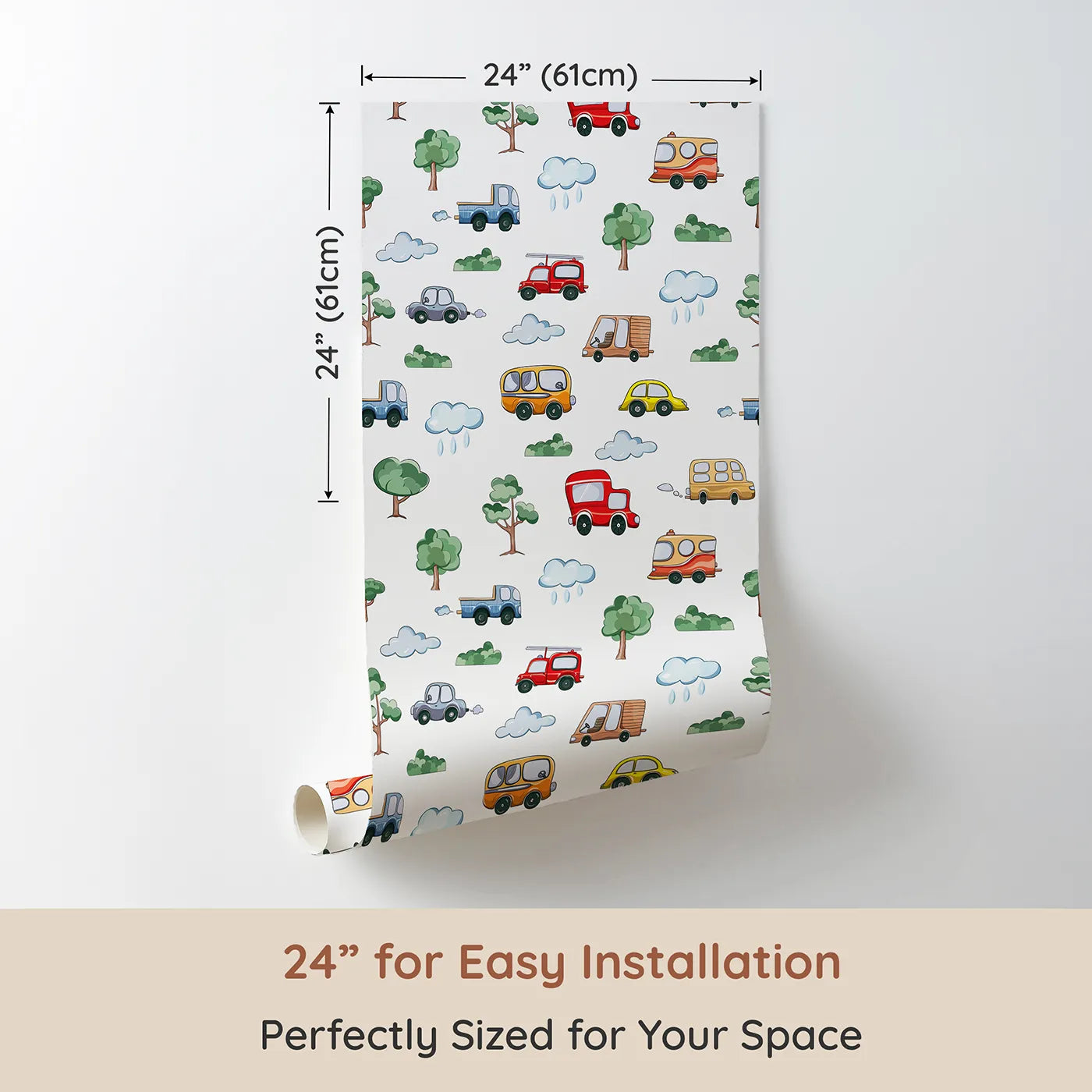 Dimension view of Whimsy Tots Bumper Buddies Forest Drive Wallpaper in White (W3226A). Printed in 24-inch-wide panel for easy installation. Playful cars and cozy trees roll together in a gentle outdoor journey.