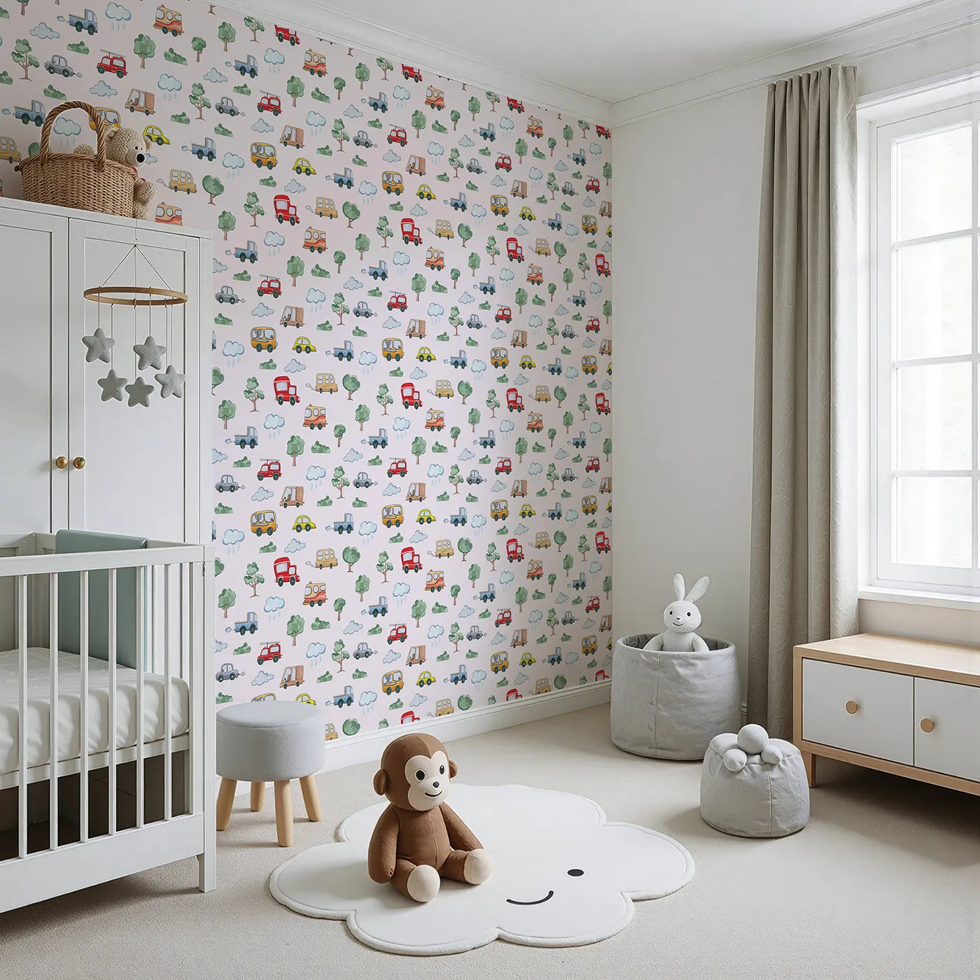 Angled view of Whimsy Tots' Bumper Buddies Forest Drive Wallpaper in Soft Pink (W3226B).Whimsical vehicles and forest friends roll through a pastel pink sky.