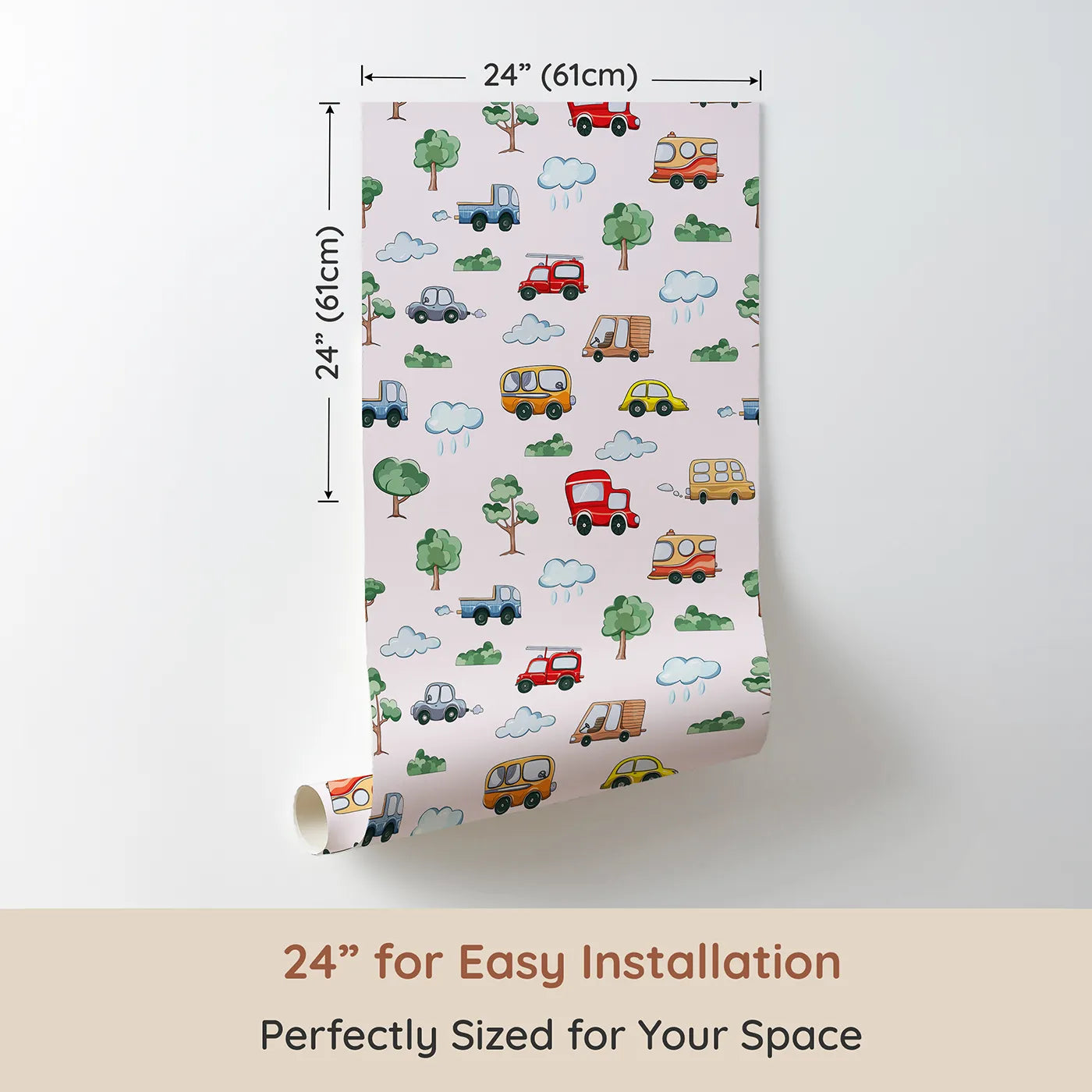 Dimension view of Whimsy Tots Bumper Buddies Forest Drive Wallpaper in Soft Pink (W3226B). Printed in 24-inch-wide panel for easy installation. Whimsical vehicles and forest friends roll through a pastel pink sky.