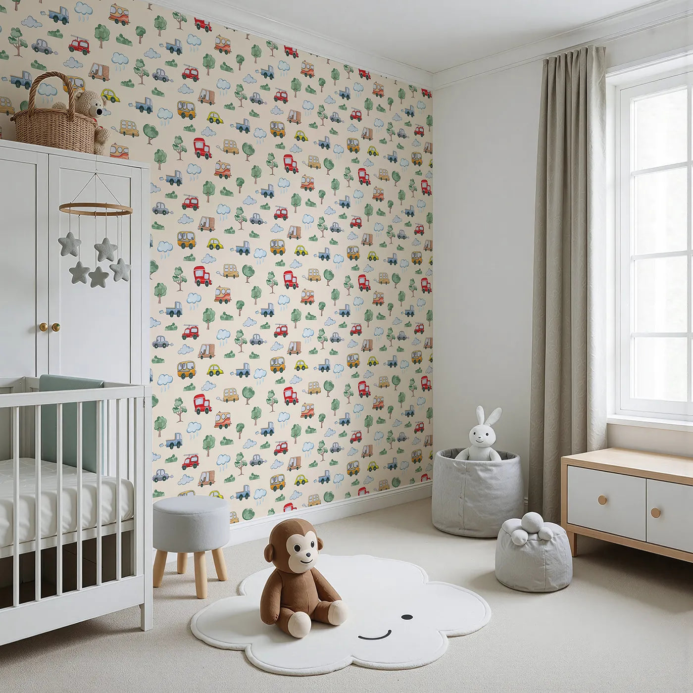 Angled view of Whimsy Tots' Bumper Buddies Forest Drive Wallpaper in Cream (W3226C).Sweet vehicles and cozy trees cruise gently across a creamy landscape.