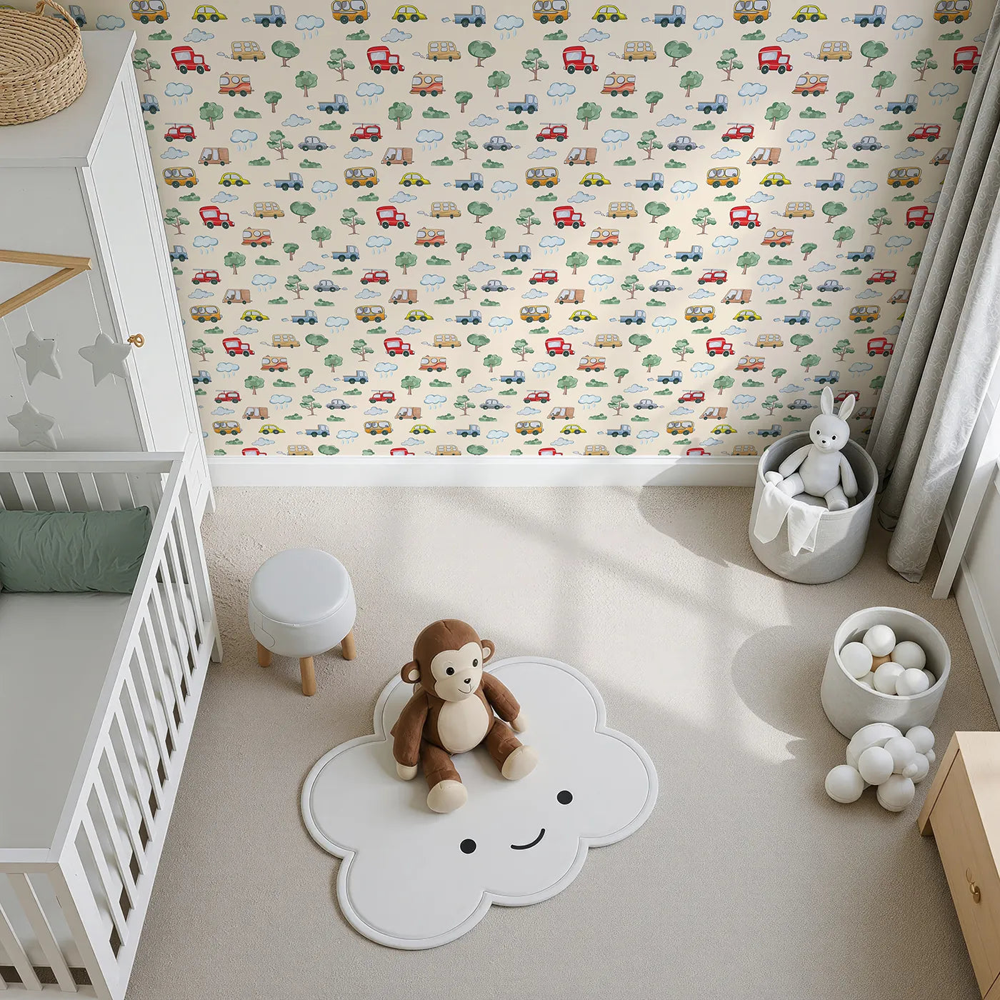 Top-Down view of Whimsy Tots' Bumper Buddies Forest Drive Wallpaper in Cream (W3226C).Sweet vehicles and cozy trees cruise gently across a creamy landscape.