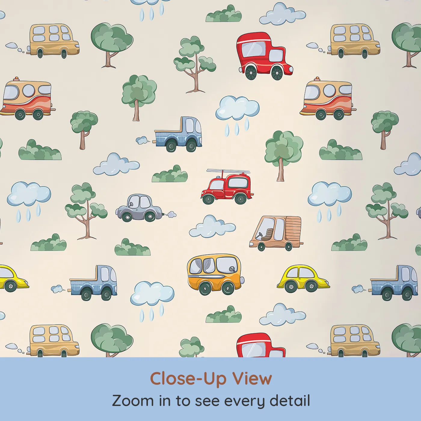 Close-up view of Whimsy Tots' Bumper Buddies Forest Drive Wallpaper in Cream (W3226C).Sweet vehicles and cozy trees cruise gently across a creamy landscape.