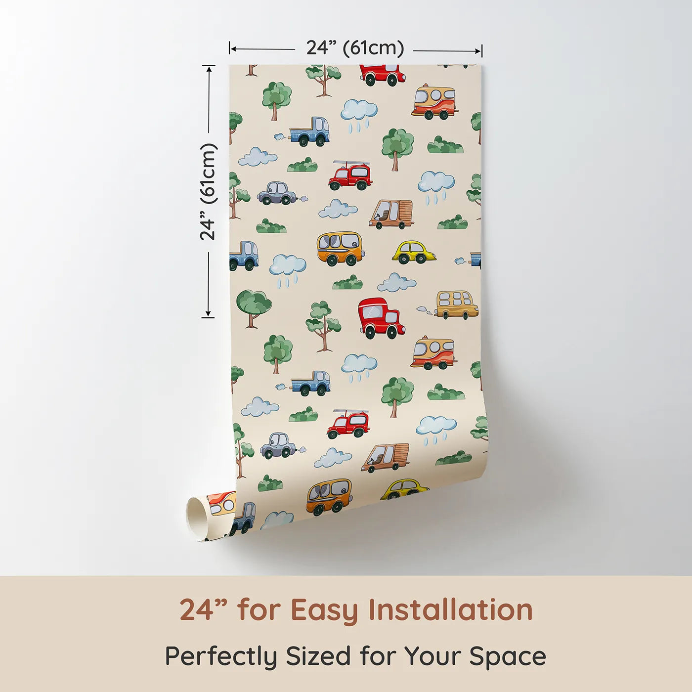 Dimension view of Whimsy Tots Bumper Buddies Forest Drive Wallpaper in Cream (W3226C). Printed in 24-inch-wide panel for easy installation. Sweet vehicles and cozy trees cruise gently across a creamy landscape.