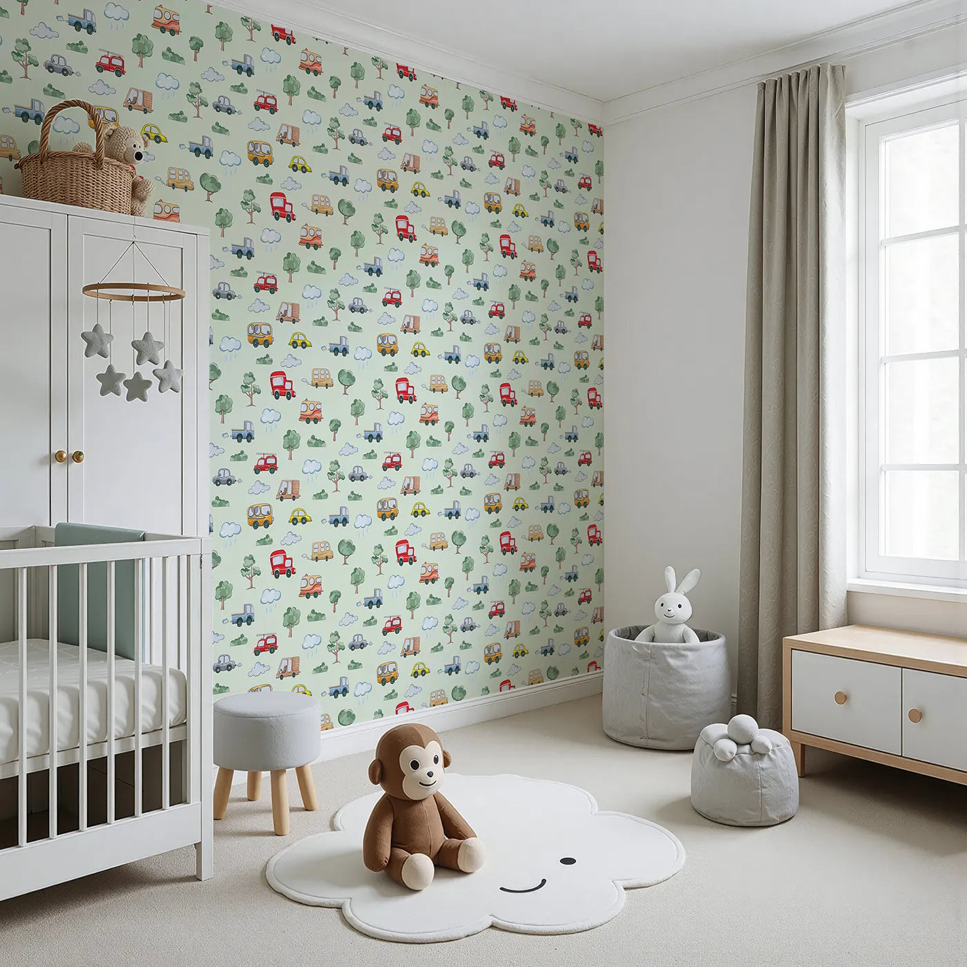Angled view of Whimsy Tots' Bumper Buddies Forest Drive Wallpaper in Mint Green (W3226D).Playful cars zip past trees and clouds on a fresh minty road.