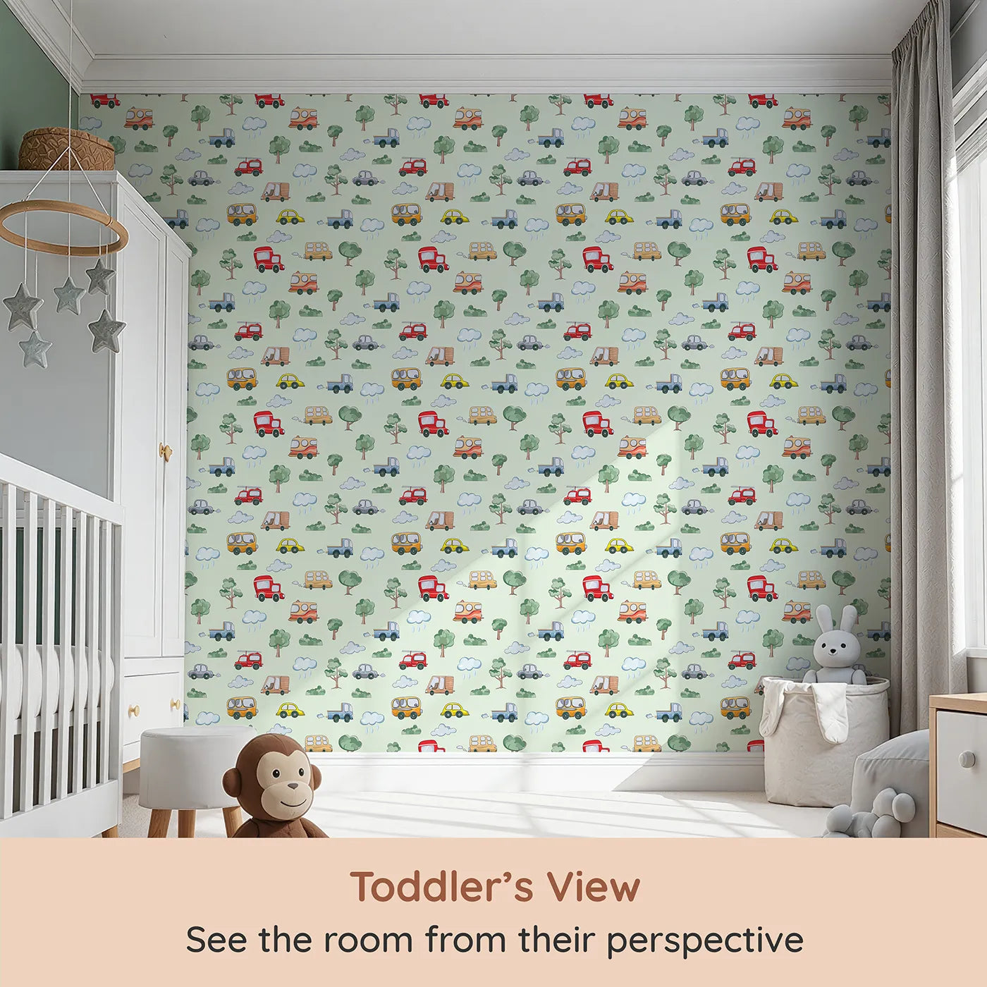 Whimsy Tots Bumper Buddies Forest Drive Wallpaper in Mint Green (W3226D) from your child's view.Playful cars zip past trees and clouds on a fresh minty road.