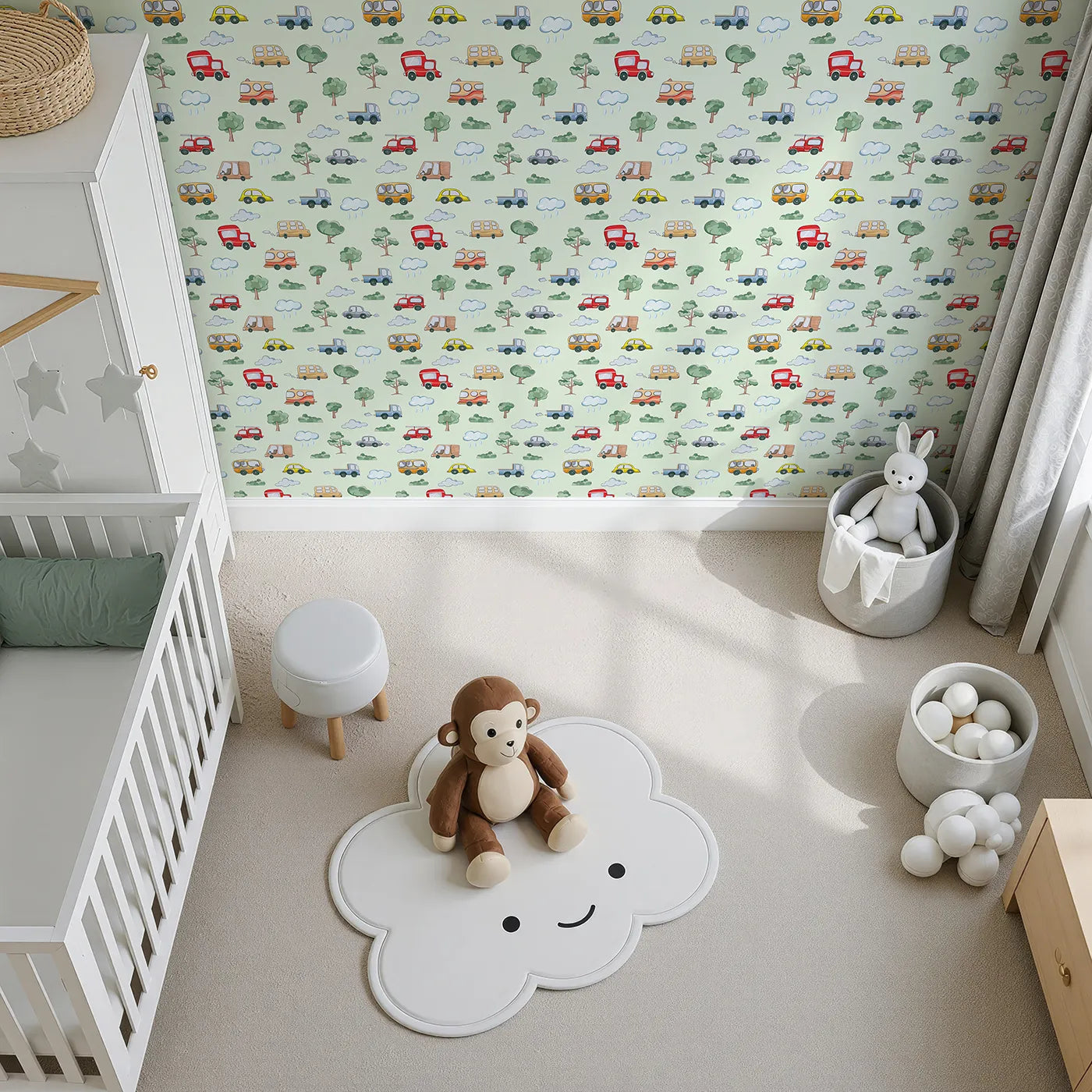 Top-Down view of Whimsy Tots' Bumper Buddies Forest Drive Wallpaper in Mint Green (W3226D).Playful cars zip past trees and clouds on a fresh minty road.