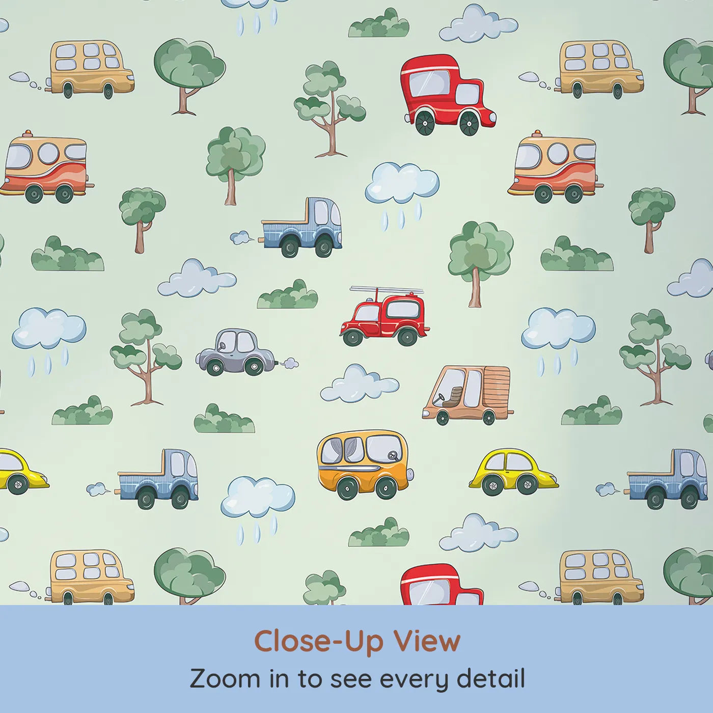 Close-up view of Whimsy Tots' Bumper Buddies Forest Drive Wallpaper in Mint Green (W3226D).Playful cars zip past trees and clouds on a fresh minty road.