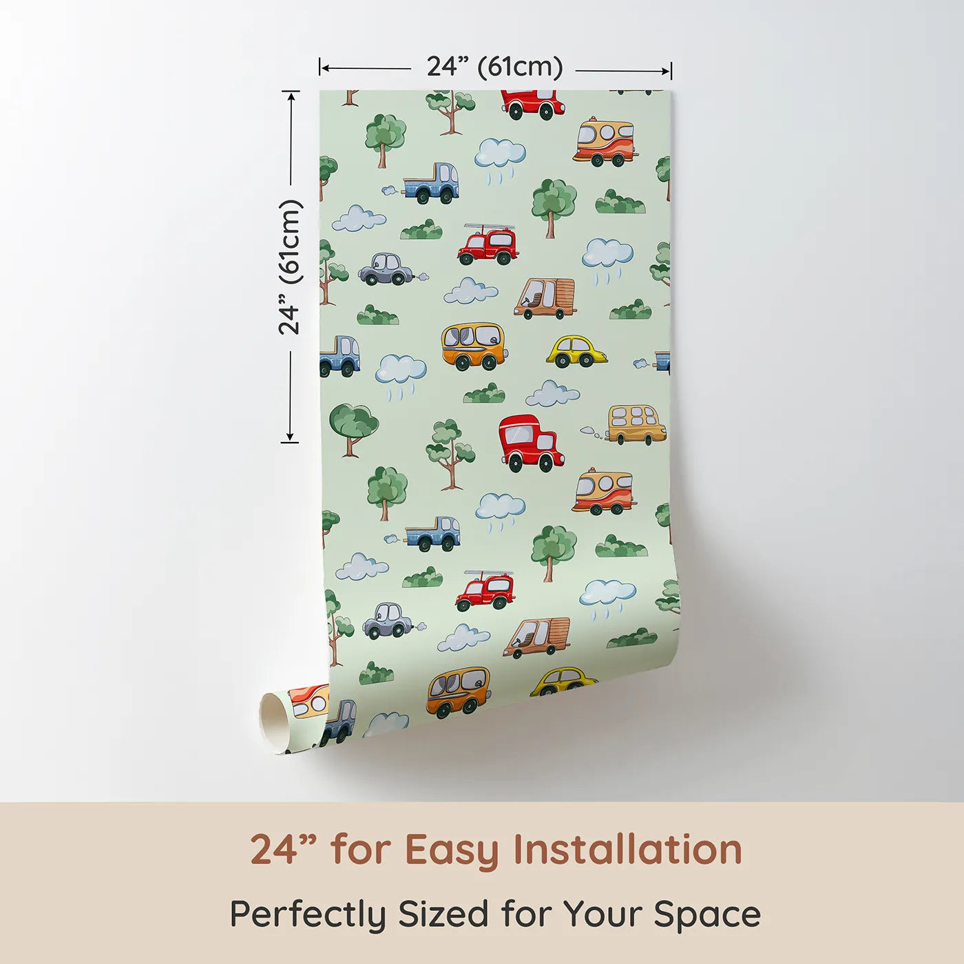 Dimension view of Whimsy Tots Bumper Buddies Forest Drive Wallpaper in Mint Green (W3226D). Printed in 24-inch-wide panel for easy installation. Playful cars zip past trees and clouds on a fresh minty road.