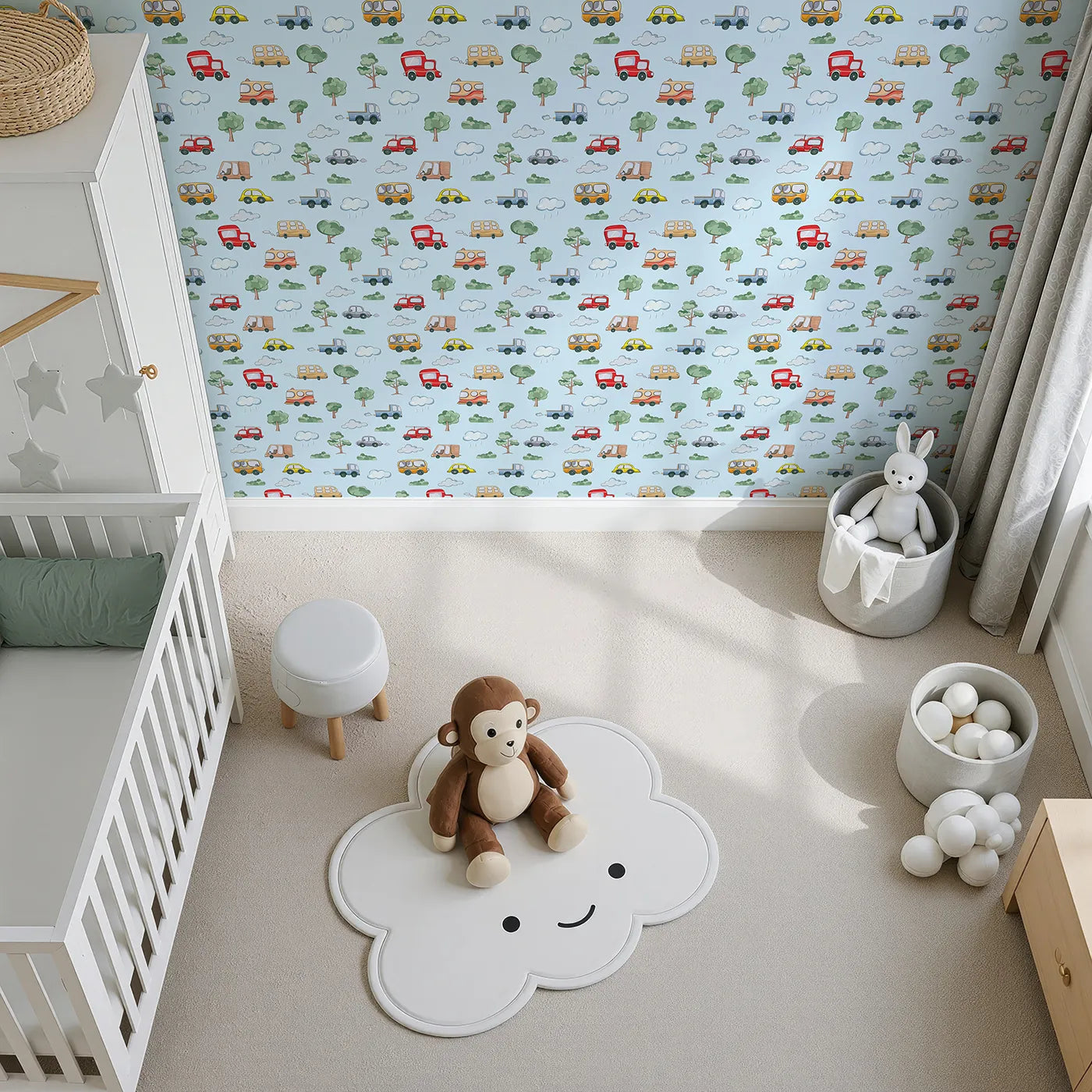 Top-Down view of Whimsy Tots' Bumper Buddies Forest Drive Wallpaper in Sky Blue (W3226E).Cute cars, fluffy clouds, and forest trees come alive in blue skies.