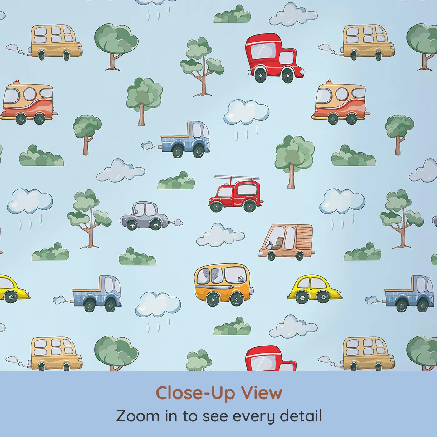 Close-up view of Whimsy Tots' Bumper Buddies Forest Drive Wallpaper in Sky Blue (W3226E).Cute cars, fluffy clouds, and forest trees come alive in blue skies.
