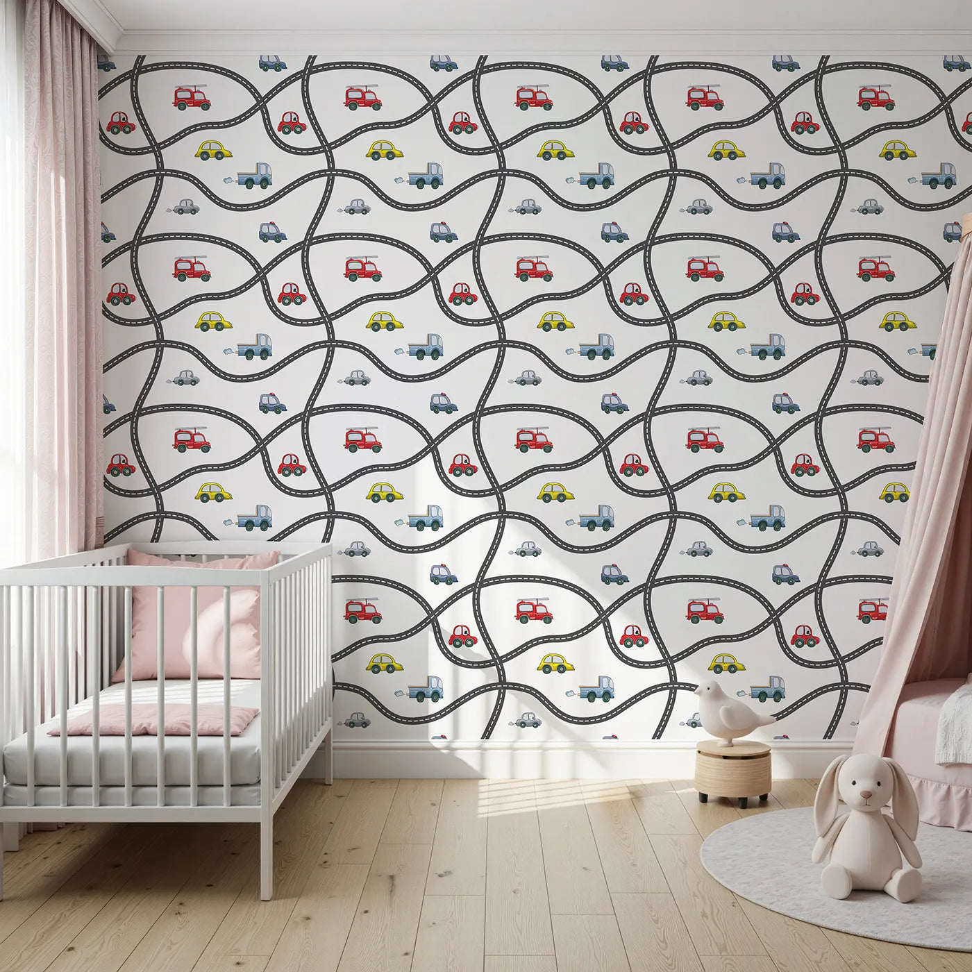 Front view of Whimsy Tots' Bumper Buddies Road Maze Wallpaper in White