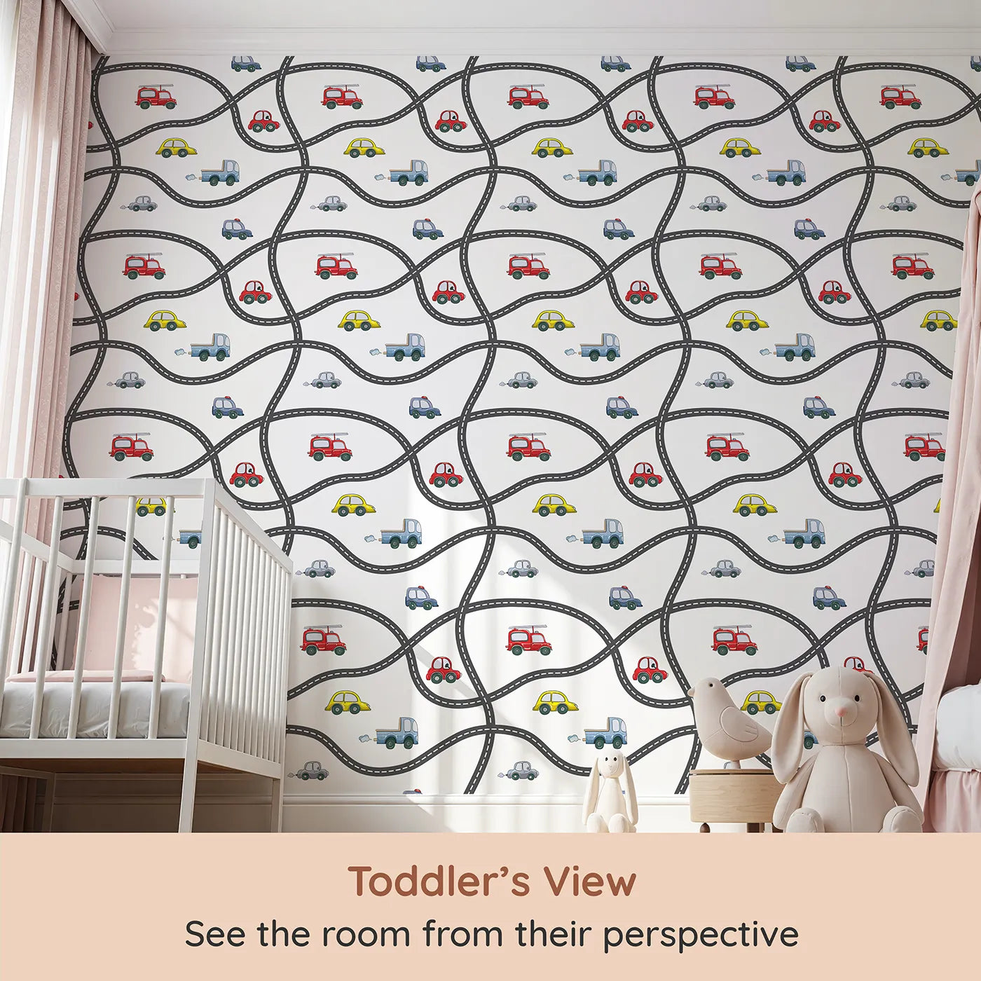 Whimsy Tots Bumper Buddies Road Maze Wallpaper in White (W3227A) from your child's view.Curvy roads and cheerful cars spark endless on-the-wall adventures.