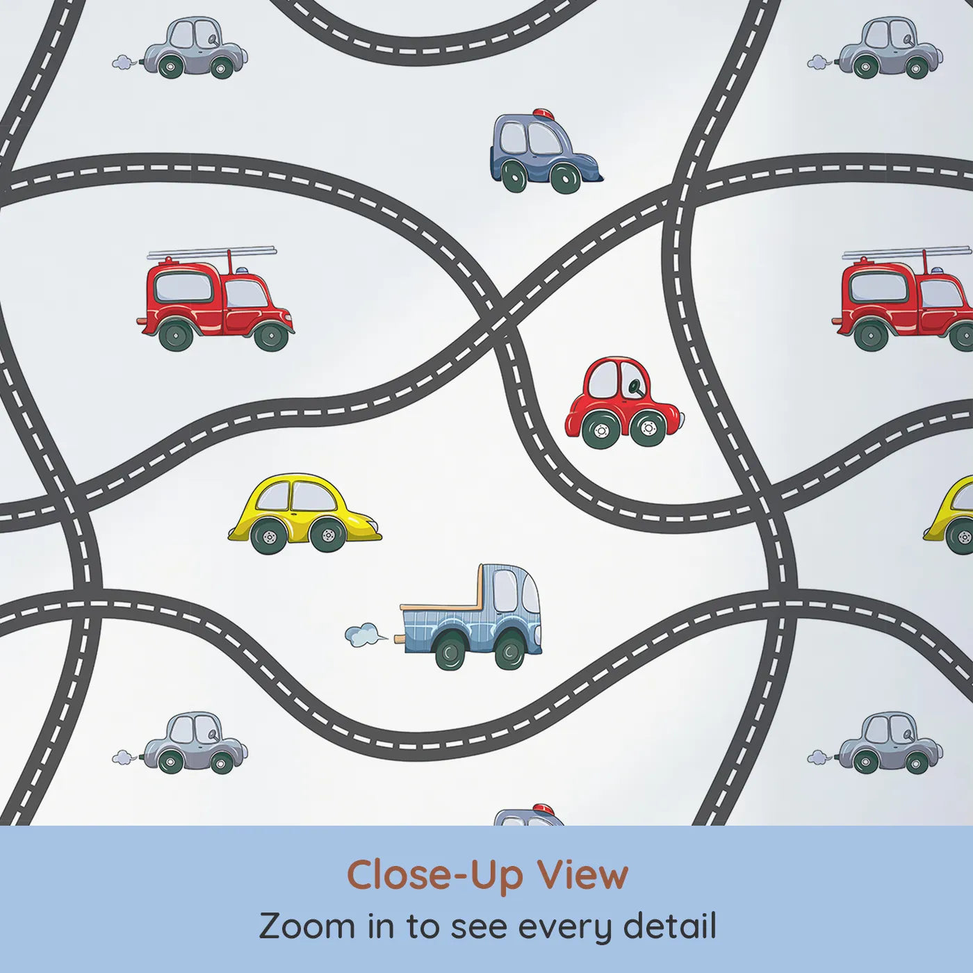 Close-up view of Whimsy Tots' Bumper Buddies Road Maze Wallpaper in White (W3227A).Curvy roads and cheerful cars spark endless on-the-wall adventures.