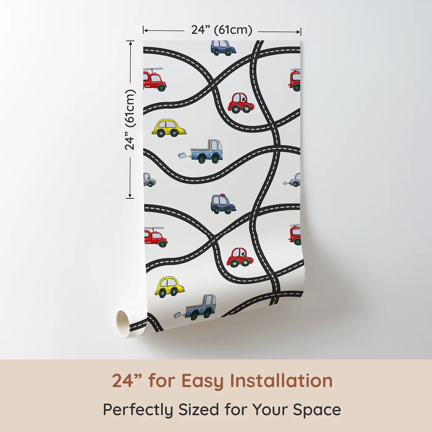 Dimension view of Whimsy Tots Bumper Buddies Road Maze Wallpaper in White (W3227A). Printed in 24-inch-wide panel for easy installation. Curvy roads and cheerful cars spark endless on-the-wall adventures.