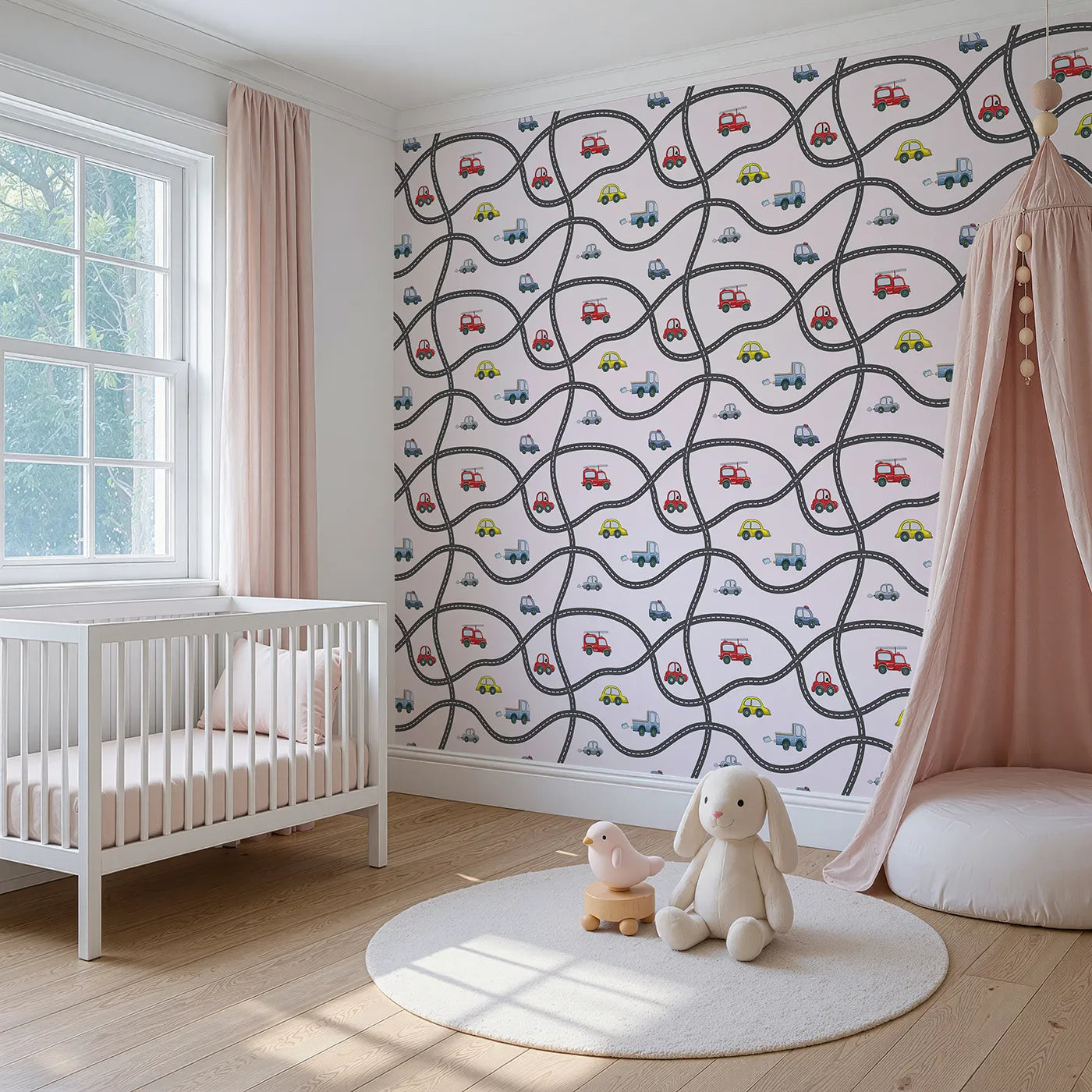 Angled view of Whimsy Tots' Bumper Buddies Road Maze Wallpaper in Soft Pink (W3227B).Wiggly roads and joyful rides roll through soft pink skies.