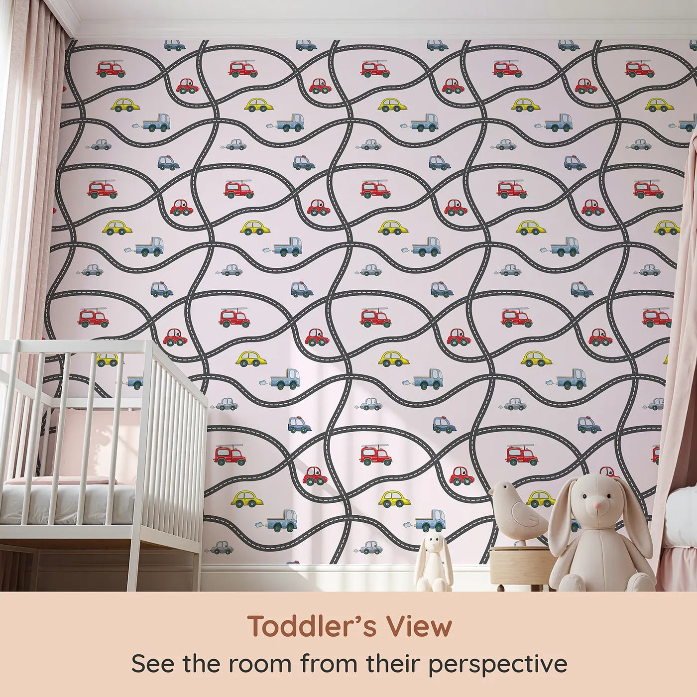 Whimsy Tots Bumper Buddies Road Maze Wallpaper in Soft Pink (W3227B) from your child's view.Wiggly roads and joyful rides roll through soft pink skies.