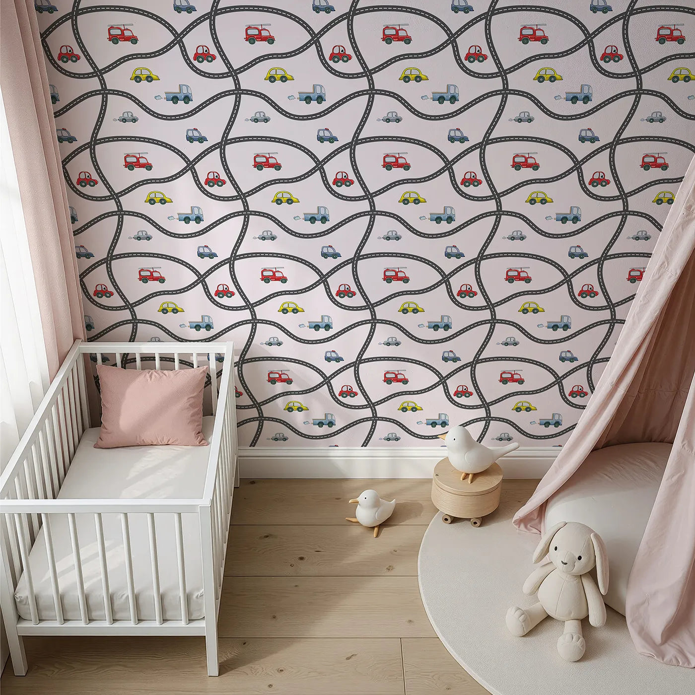 Top-Down view of Whimsy Tots' Bumper Buddies Road Maze Wallpaper in Soft Pink (W3227B).Wiggly roads and joyful rides roll through soft pink skies.
