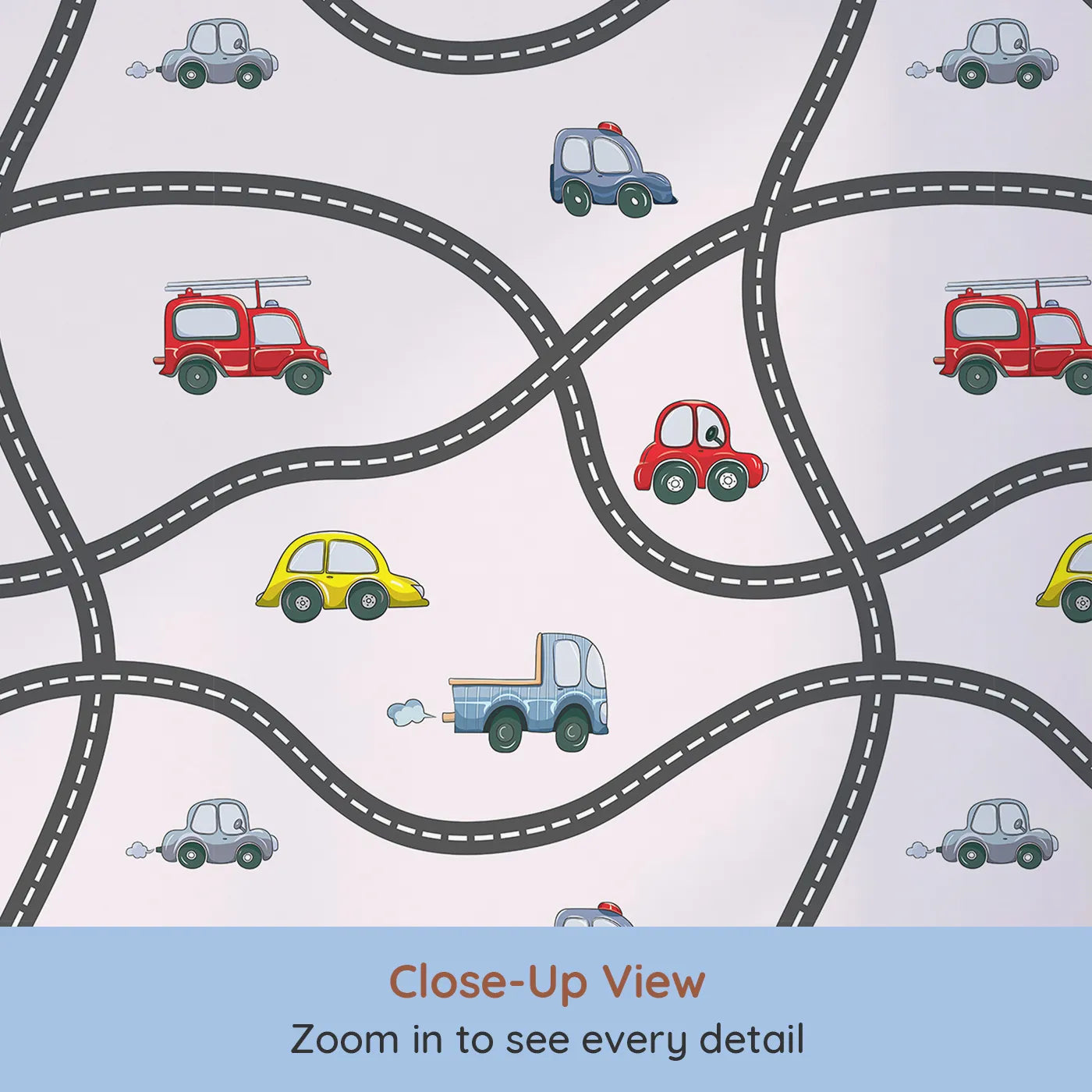 Close-up view of Whimsy Tots' Bumper Buddies Road Maze Wallpaper in Soft Pink (W3227B).Wiggly roads and joyful rides roll through soft pink skies.