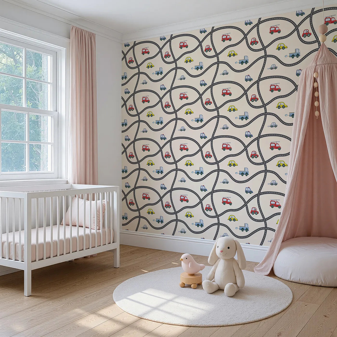 Angled view of Whimsy Tots' Bumper Buddies Road Maze Wallpaper in Cream (W3227C).Winding roads guide happy cars across a creamy adventure.
