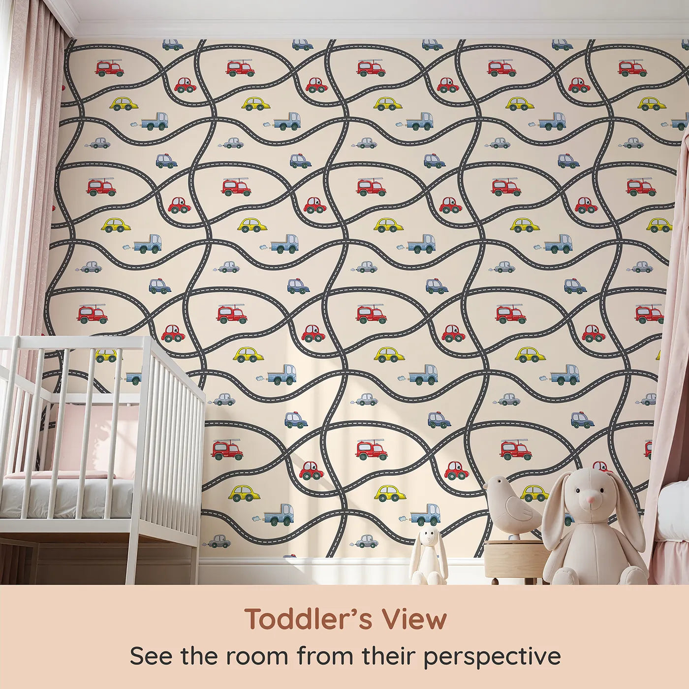 Whimsy Tots Bumper Buddies Road Maze Wallpaper in Cream (W3227C) from your child's view.Winding roads guide happy cars across a creamy adventure.
