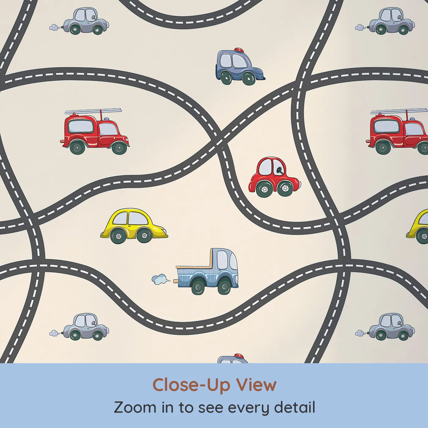 Close-up view of Whimsy Tots' Bumper Buddies Road Maze Wallpaper in Cream (W3227C).Winding roads guide happy cars across a creamy adventure.