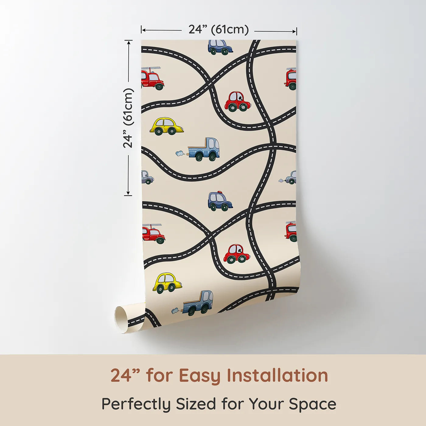 Dimension view of Whimsy Tots Bumper Buddies Road Maze Wallpaper in Cream (W3227C). Printed in 24-inch-wide panel for easy installation. Winding roads guide happy cars across a creamy adventure.