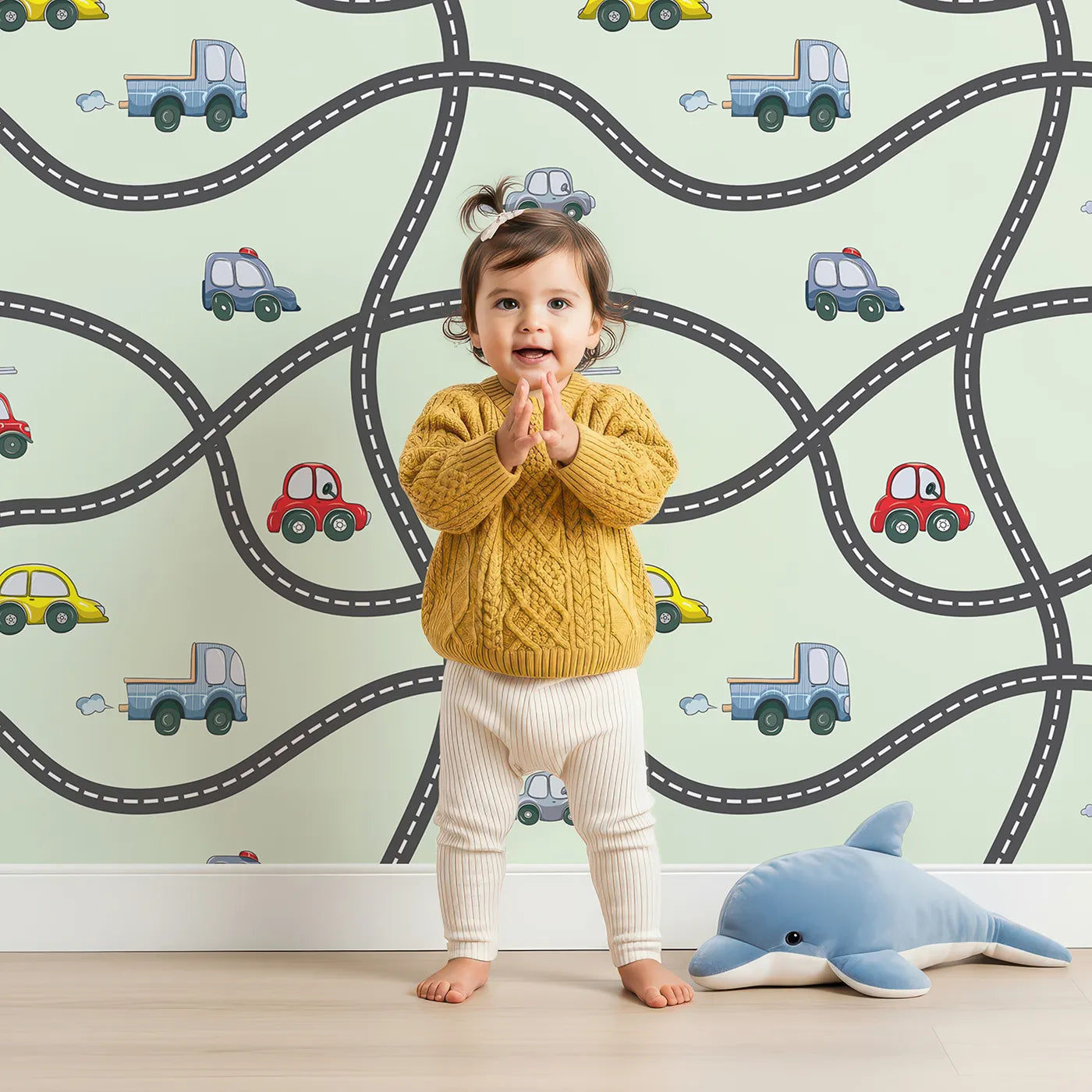 Lovely child standing in front of Whimsy Tots Bumper Buddies Road Maze Wallpaper in Mint Green with car, road, truck, taxi in design.