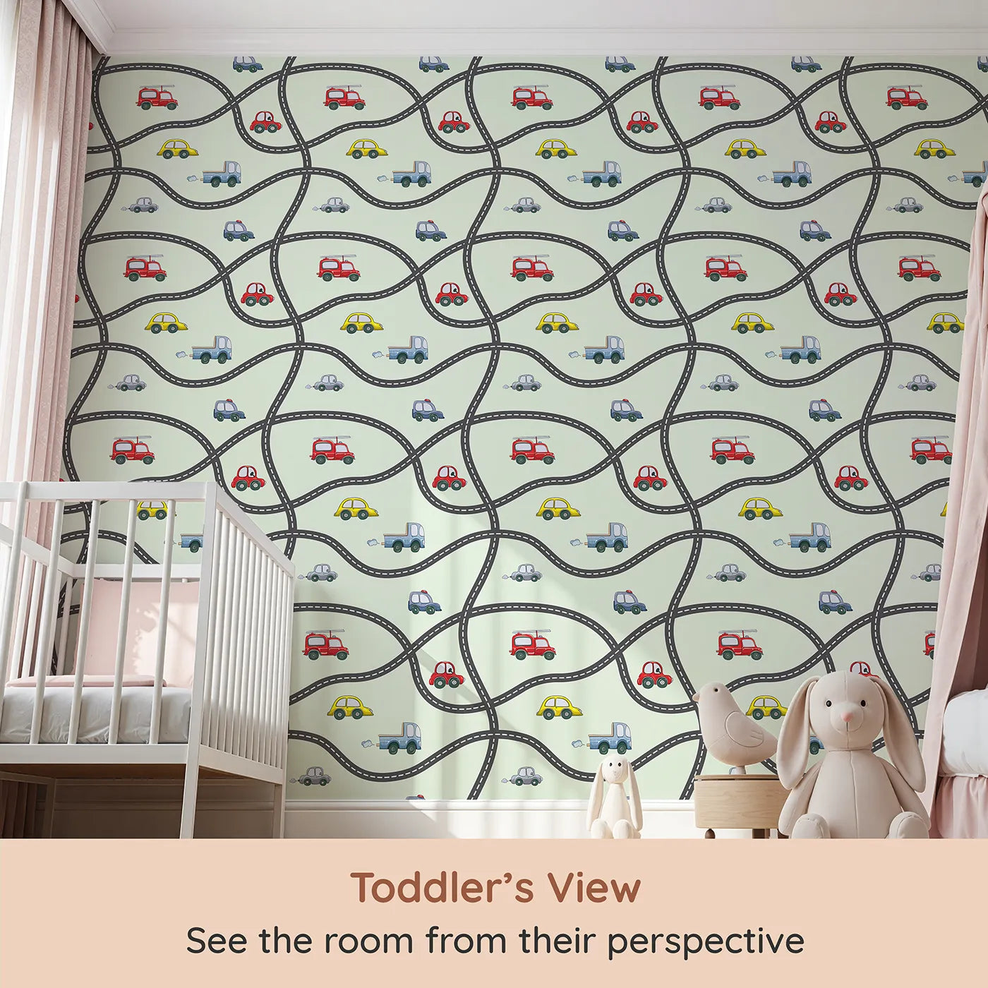 Whimsy Tots Bumper Buddies Road Maze Wallpaper in Mint Green (W3227D) from your child's view.Curvy black roads guide playful cars across a soft mint landscape.