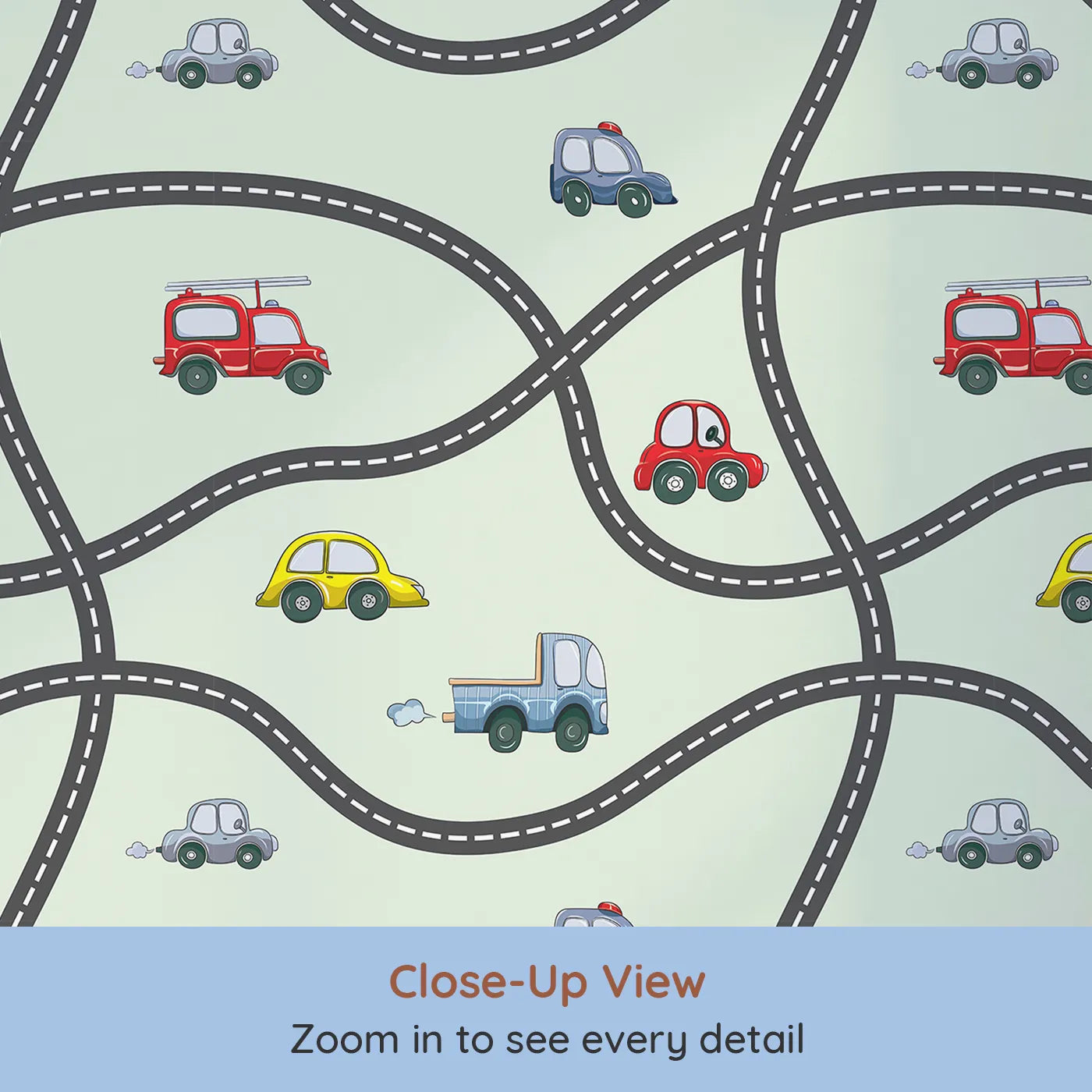 Close-up view of Whimsy Tots' Bumper Buddies Road Maze Wallpaper in Mint Green (W3227D).Curvy black roads guide playful cars across a soft mint landscape.