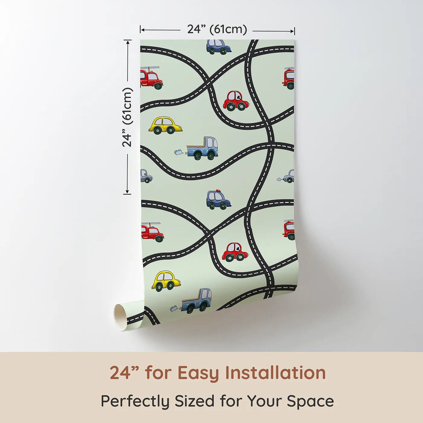 Dimension view of Whimsy Tots Bumper Buddies Road Maze Wallpaper in Mint Green (W3227D). Printed in 24-inch-wide panel for easy installation. Curvy black roads guide playful cars across a soft mint landscape.