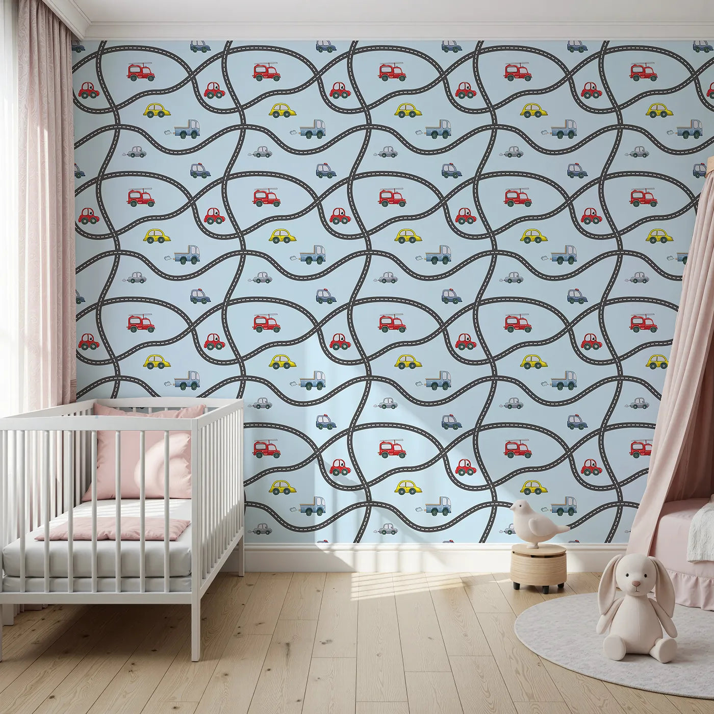 Front view of Whimsy Tots' Bumper Buddies Road Maze Wallpaper in Sky Blue