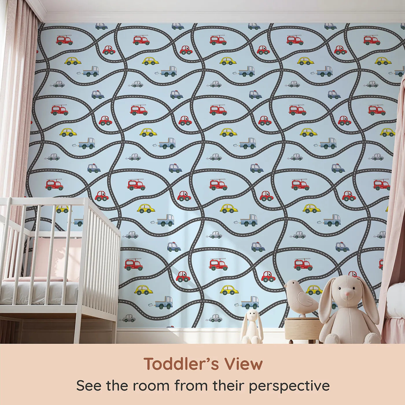 Whimsy Tots Bumper Buddies Road Maze Wallpaper in Sky Blue (W3227E) from your child's view.Happy vehicles race along winding roads in the sky-blue breeze.