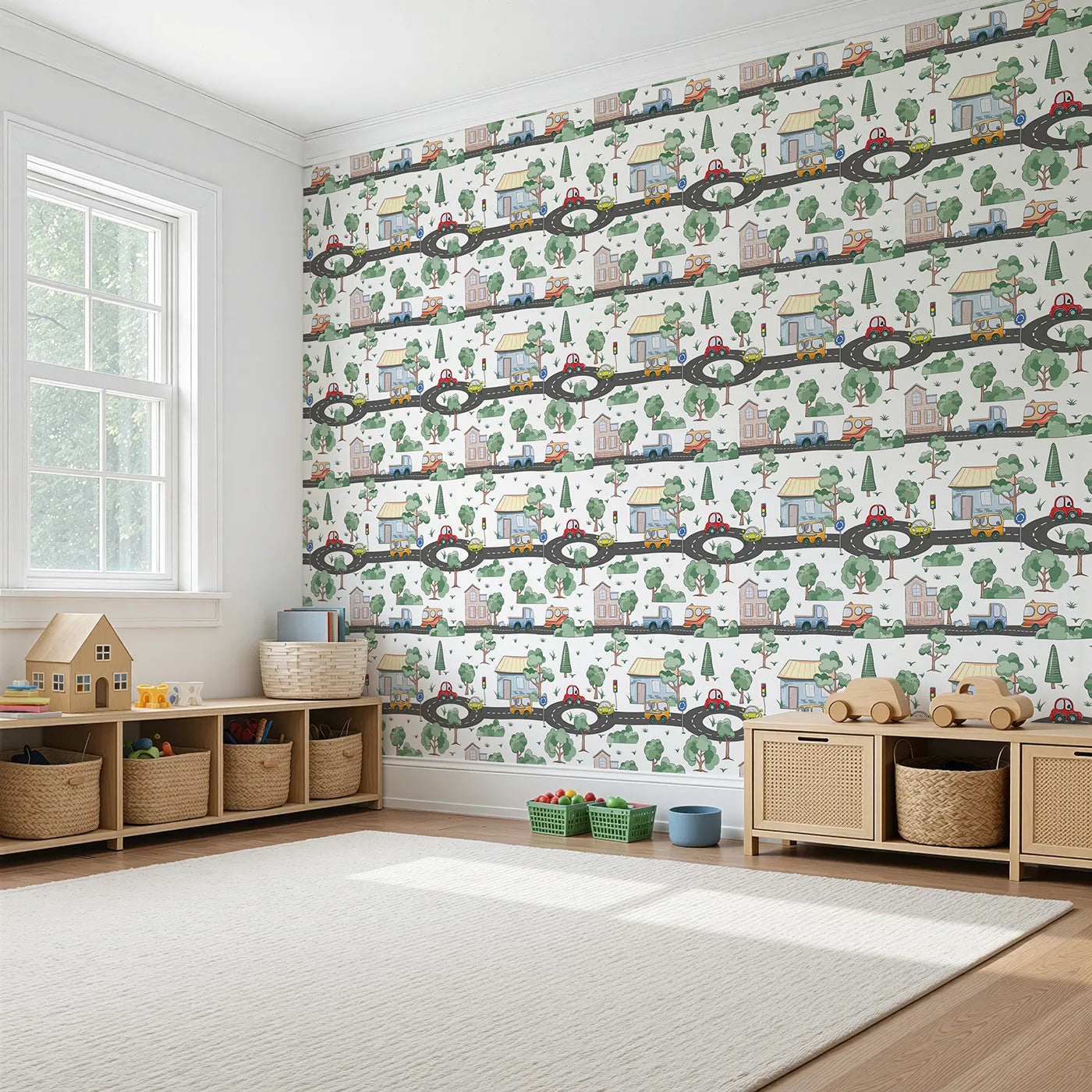 Angled view of Whimsy Tots' Bumper Buddies Town Tour Wallpaper in White (W3228A).Charming cars, cozy homes, and leafy trees fill a storybook street.