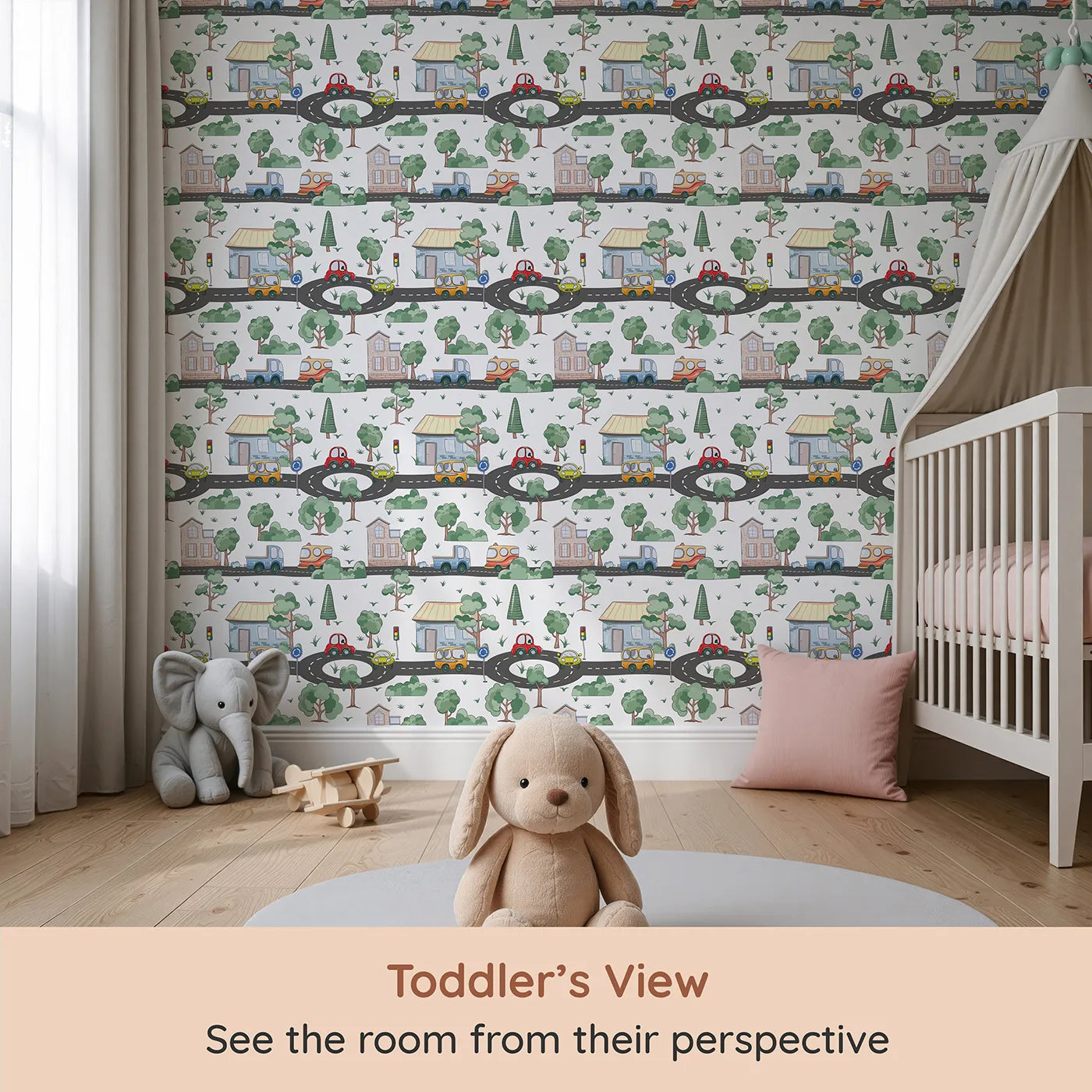 Whimsy Tots Bumper Buddies Town Tour Wallpaper in White (W3228A) from your child's view.Charming cars, cozy homes, and leafy trees fill a storybook street.