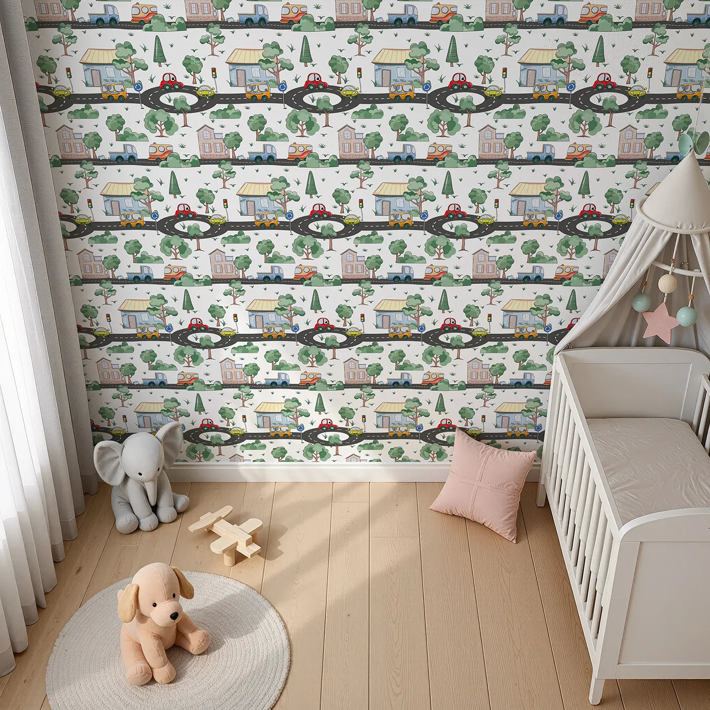 Top-Down view of Whimsy Tots' Bumper Buddies Town Tour Wallpaper in White (W3228A).Charming cars, cozy homes, and leafy trees fill a storybook street.