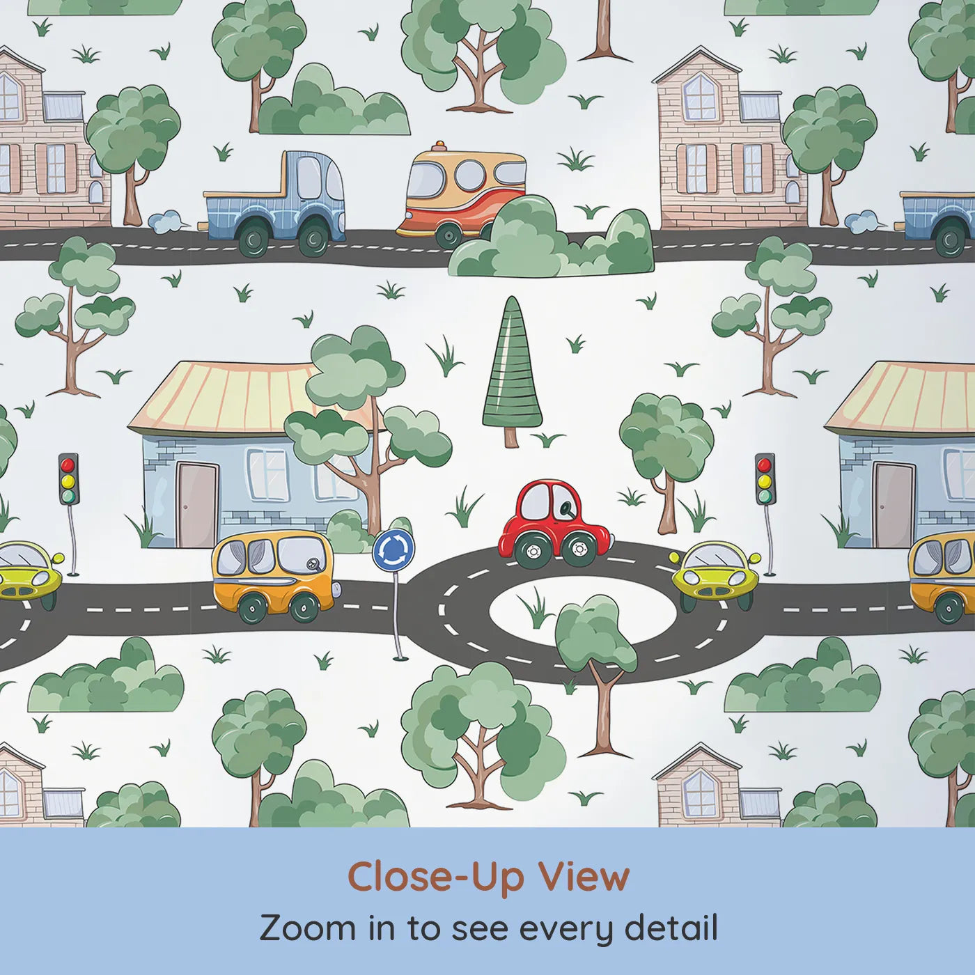Close-up view of Whimsy Tots' Bumper Buddies Town Tour Wallpaper in White (W3228A).Charming cars, cozy homes, and leafy trees fill a storybook street.