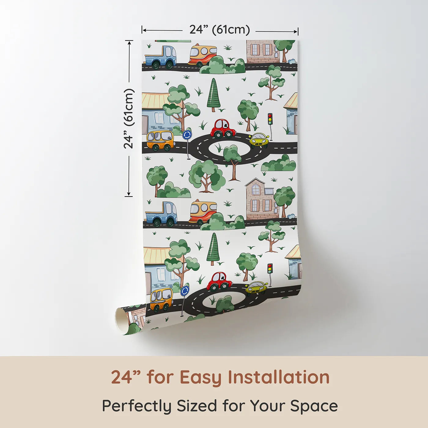 Dimension view of Whimsy Tots Bumper Buddies Town Tour Wallpaper in White (W3228A). Printed in 24-inch-wide panel for easy installation. Charming cars, cozy homes, and leafy trees fill a storybook street.