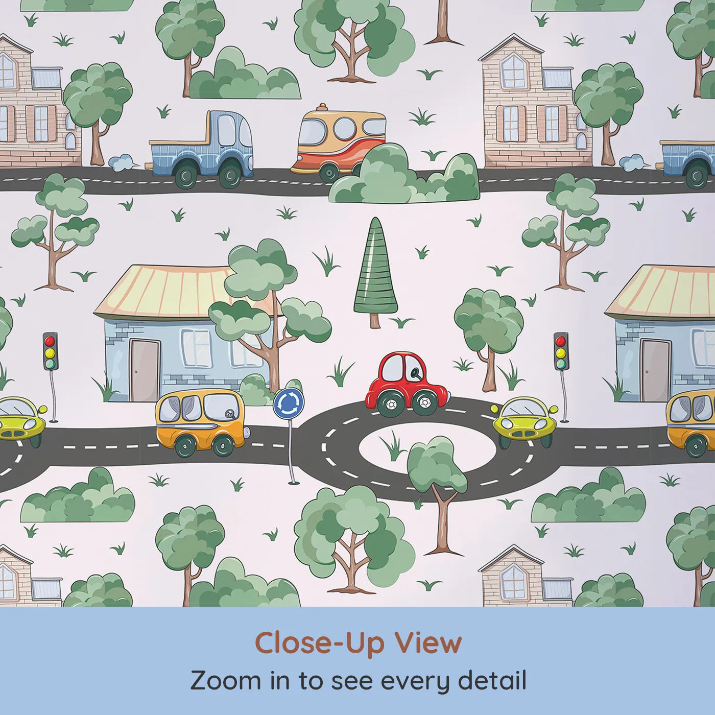 Close-up view of Whimsy Tots' Bumper Buddies Town Tour Wallpaper in Soft Pink (W3228B).Sweet cars and trees wind past pastel homes and stop signs.