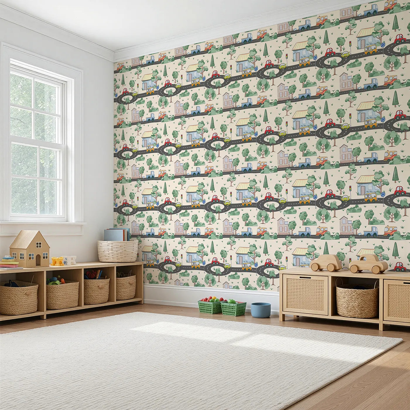 Angled view of Whimsy Tots' Bumper Buddies Town Tour Wallpaper in Cream (W3228C).Happy cars and trees dance along a creamy backdrop of gentle joy.