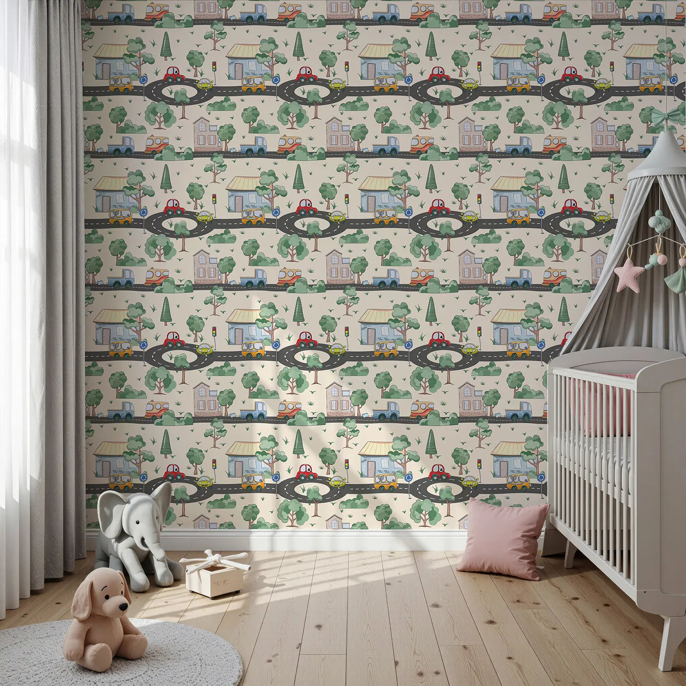 Front view of Whimsy Tots' Bumper Buddies Town Tour Wallpaper in Cream