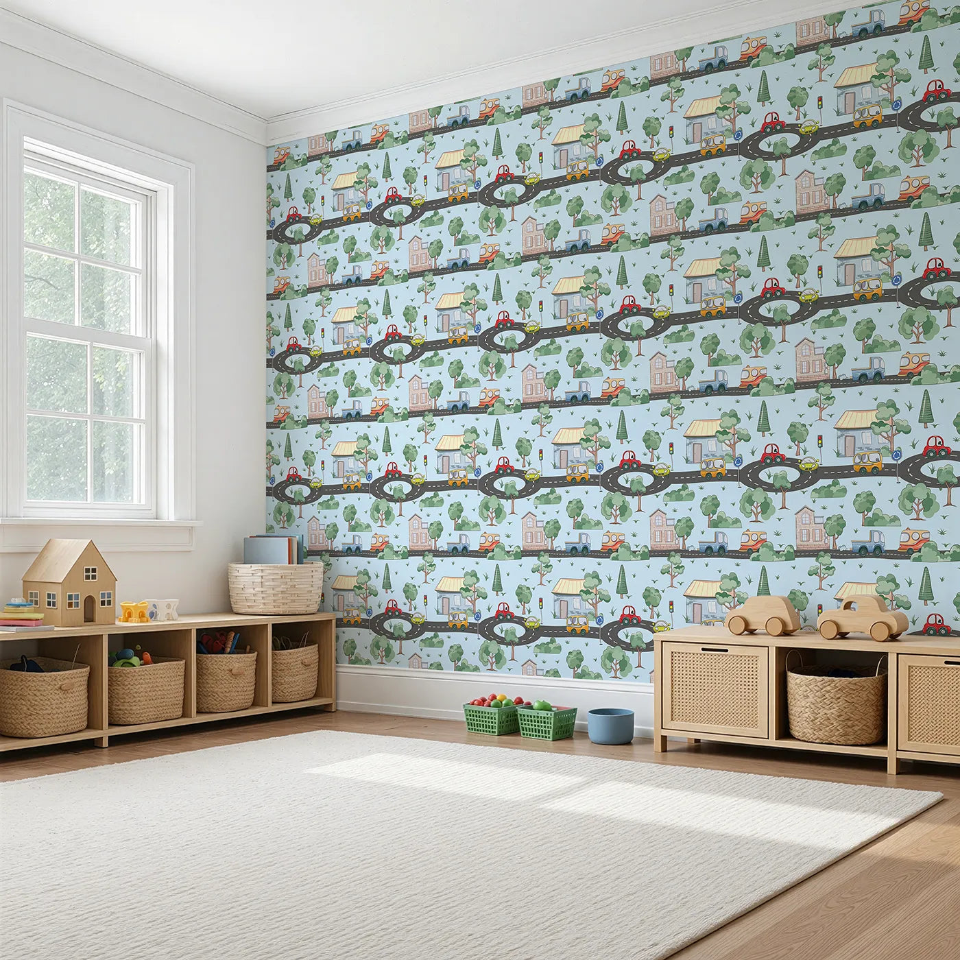 Angled view of Whimsy Tots' Bumper Buddies Town Tour Wallpaper in Soft Blue (W3228E).Playful cars and leafy trees cruise through soft skies and winding roads.