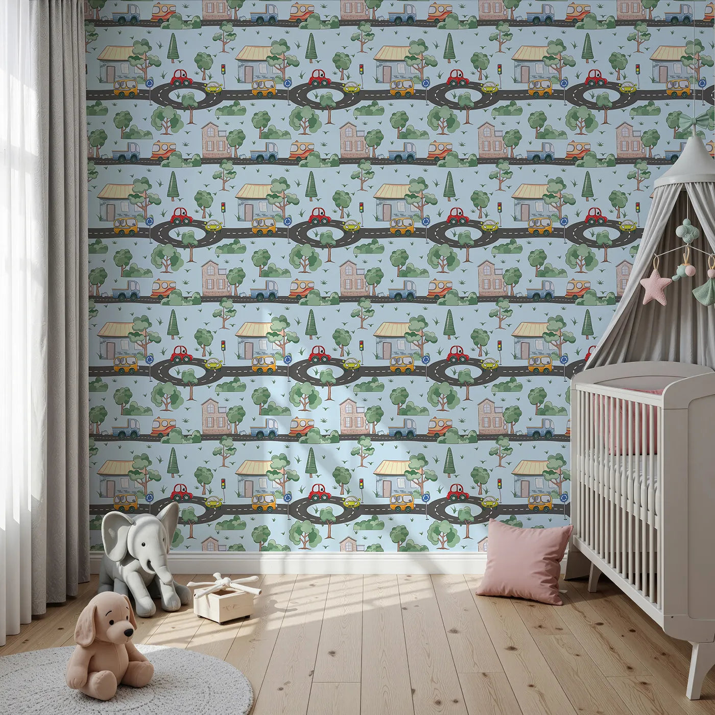 Front view of Whimsy Tots' Bumper Buddies Town Tour Wallpaper in Soft Blue