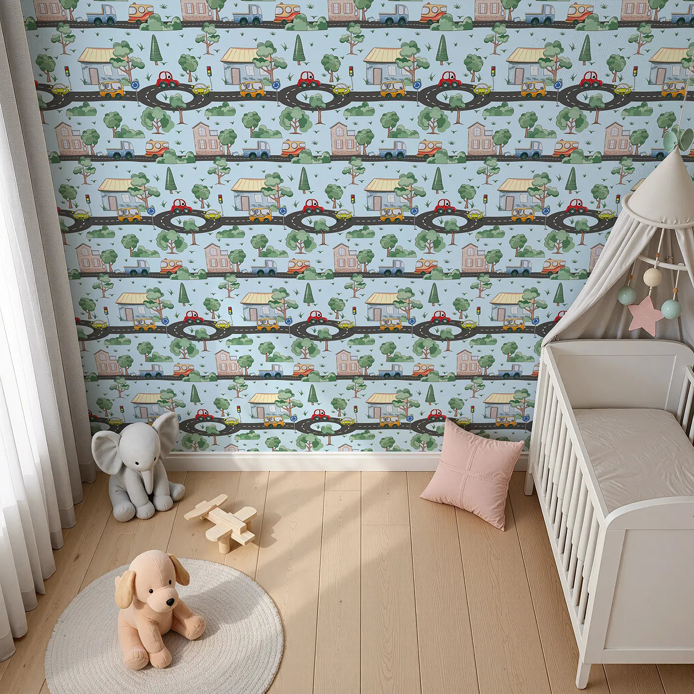 Top-Down view of Whimsy Tots' Bumper Buddies Town Tour Wallpaper in Soft Blue (W3228E).Playful cars and leafy trees cruise through soft skies and winding roads.