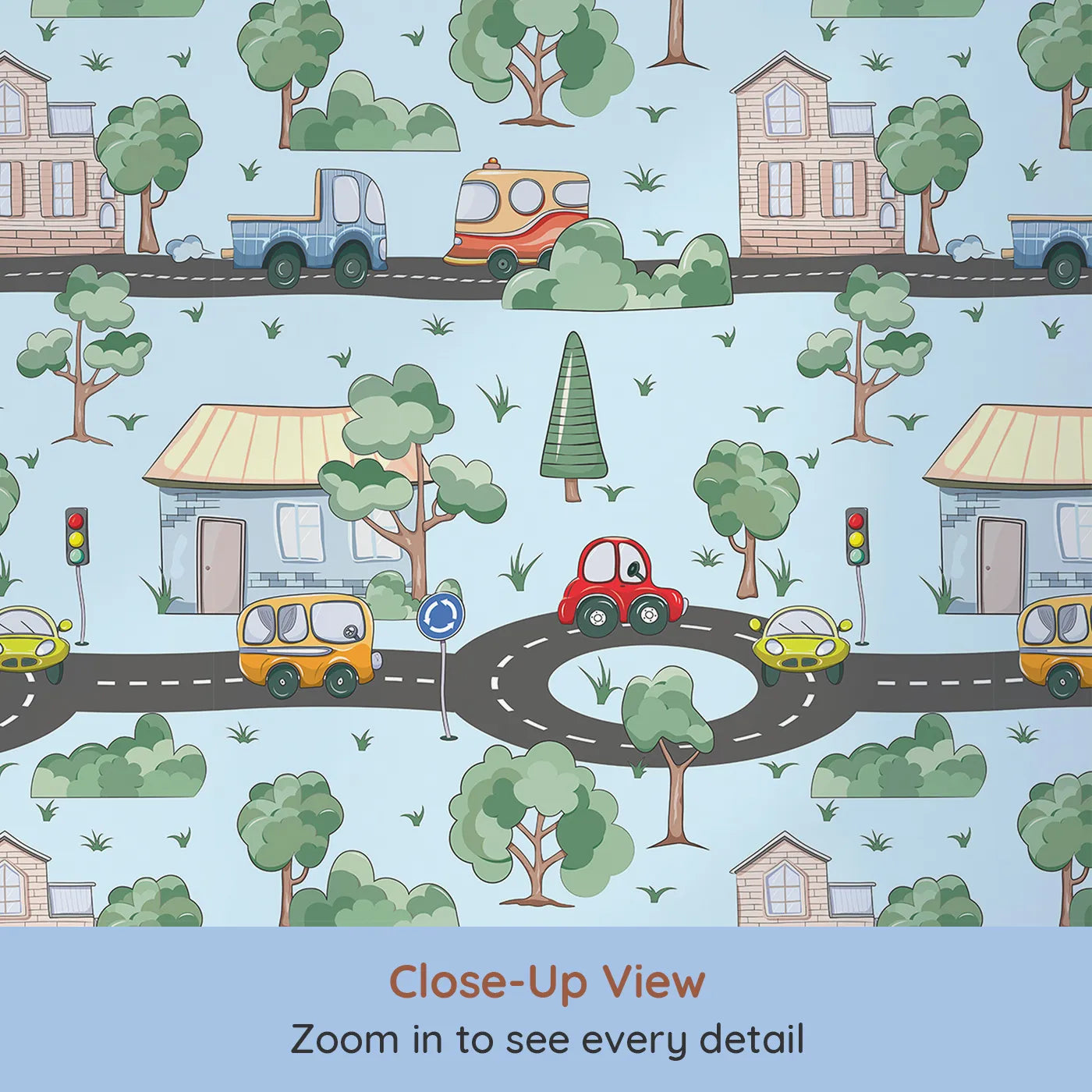 Close-up view of Whimsy Tots' Bumper Buddies Town Tour Wallpaper in Soft Blue (W3228E).Playful cars and leafy trees cruise through soft skies and winding roads.