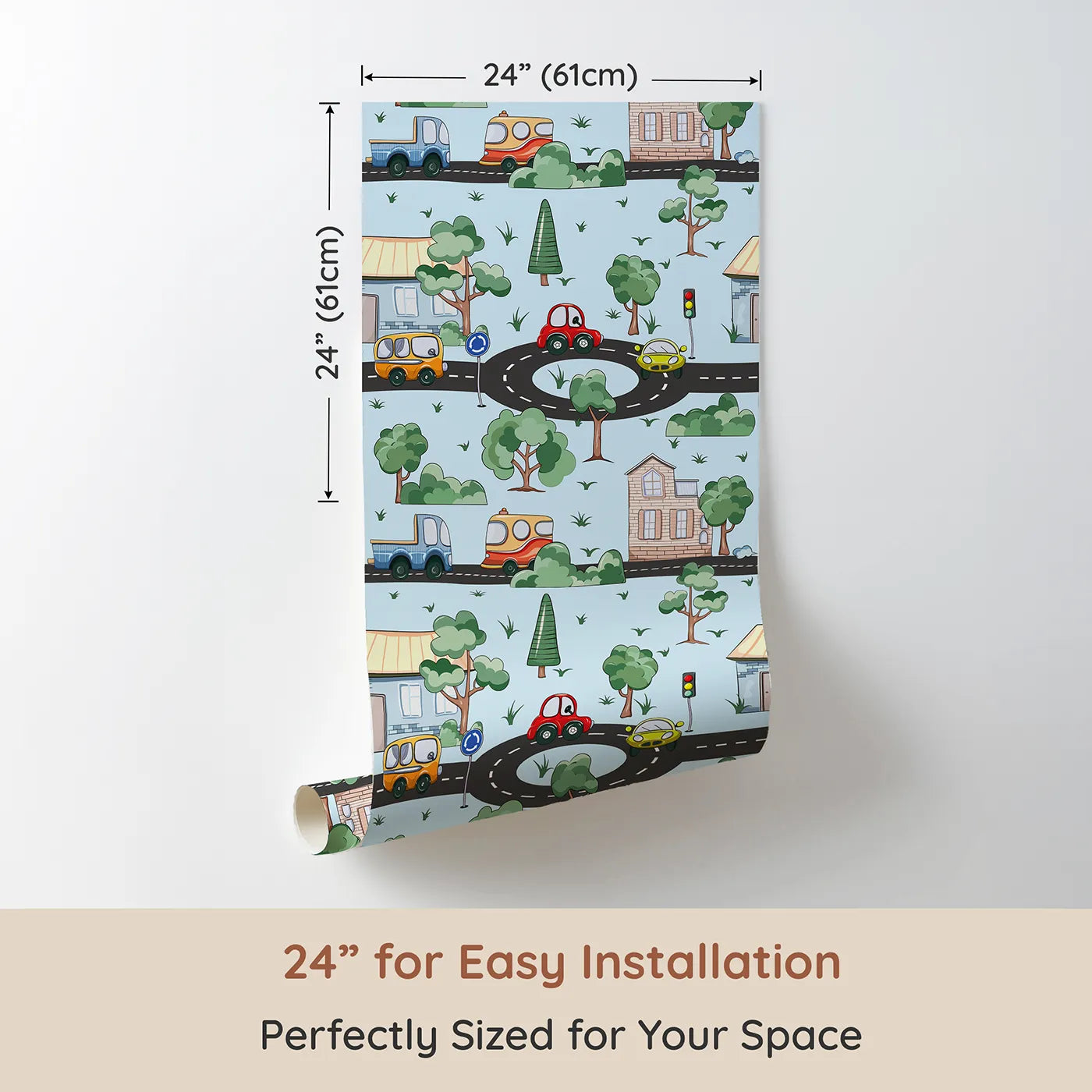 Dimension view of Whimsy Tots Bumper Buddies Town Tour Wallpaper in Soft Blue (W3228E). Printed in 24-inch-wide panel for easy installation. Playful cars and leafy trees cruise through soft skies and winding roads.